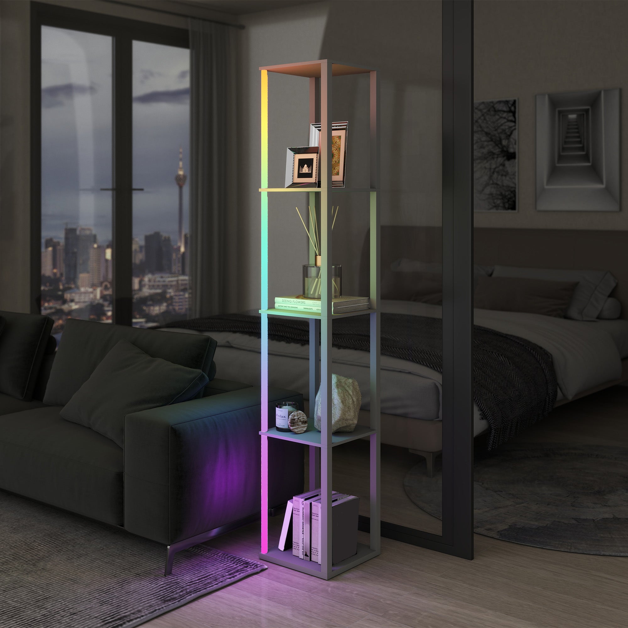 HOMCOM RGB LED Floor Lamp with Shelves, Modern Dimmable Standing Lamp with Remote Control, Adjustable Brightness & Speed for Living Room, Bedroom, Office, Grey