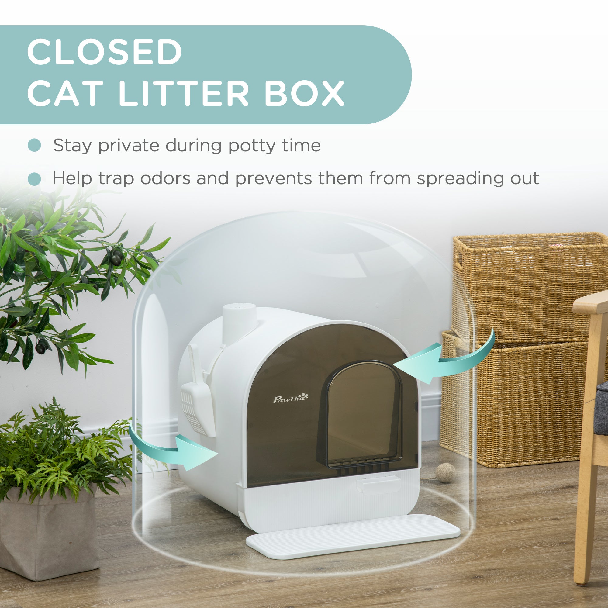 PawHut Hooded Cat Litter Box, Kitten Litter Tray, with Lid, Scoop, Filter, Flap Door - North Peak Garden Furniture