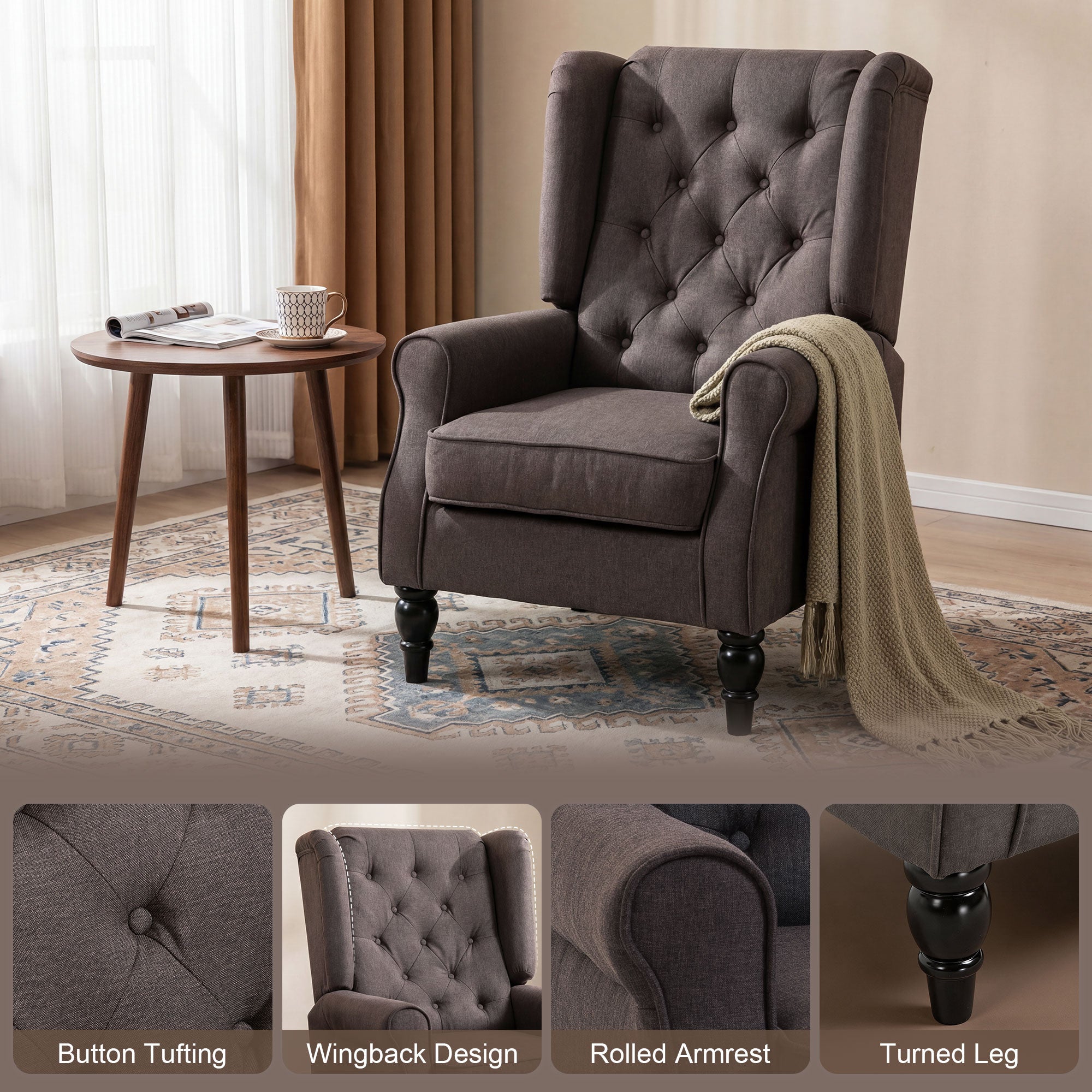 HOMCOM Retro Accent Chair, Wingback Armchair with Wood Frame Button Tufted Design for Living Room Bedroom, Brown