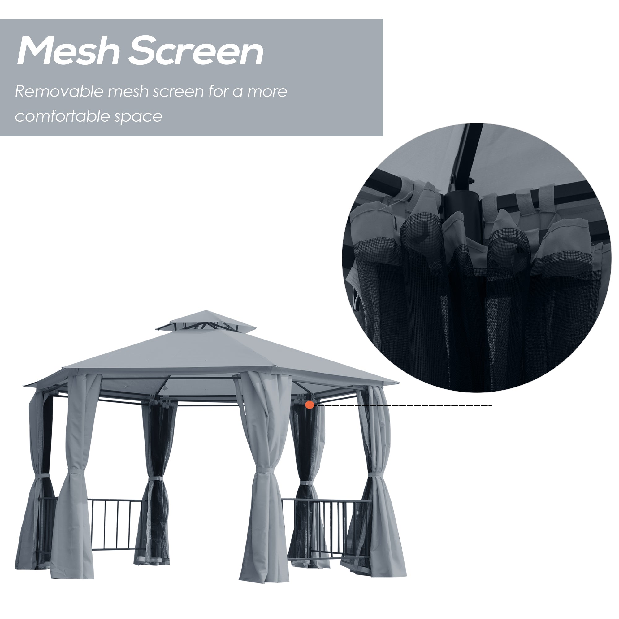 Outsunny 3 x 3(m) Hexagon Gazebo Patio Canopy Party Tent Outdoor Garden Shelter w/ 2 Tier Roof & Side Panel - Grey - North Peak Garden Furniture
