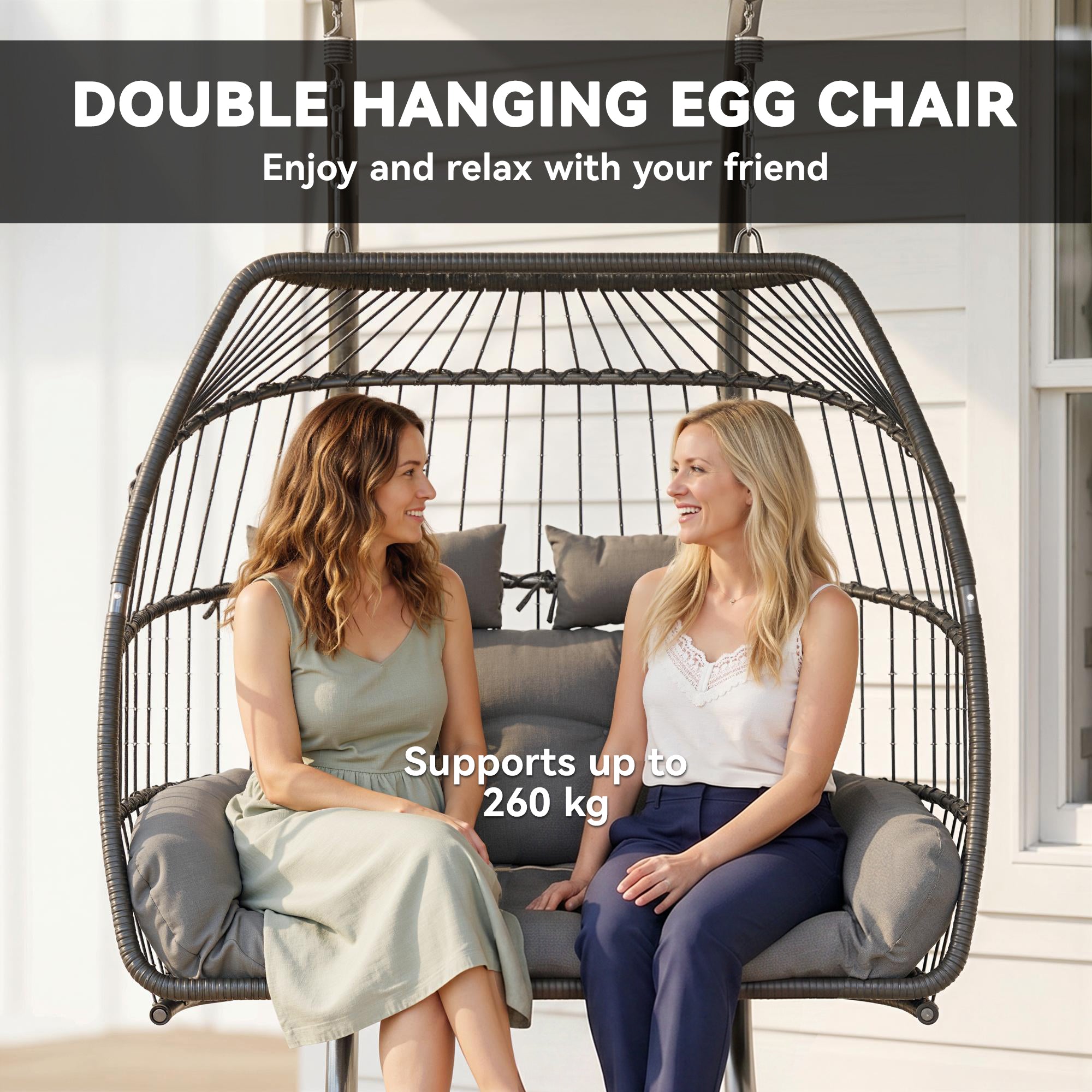 Outsunny Rattan Double Hanging Egg Chair with Stand, Foldable Wicker Swing Egg Chair with Cushion, Head Pillows, Steel Frame, Hammock Chair for Indoor Outdoor, Capacity 260 kg, Dark Grey