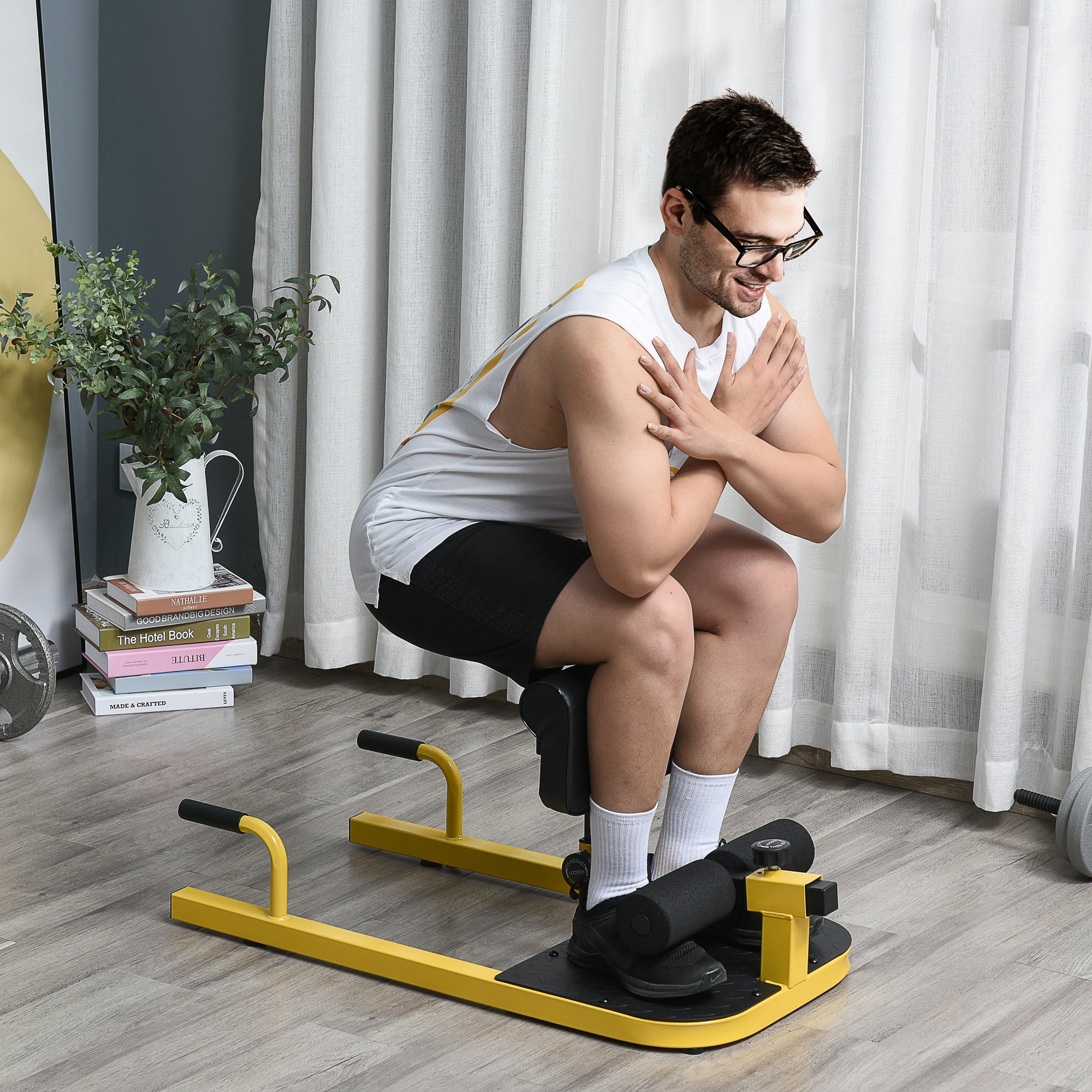 HOMCOM Squat Machine with Push Up Stand, Padded Hip Thrust Bench with Adjustable Cushion for Home Gym Work Out, Yellow - North Peak Garden Furniture