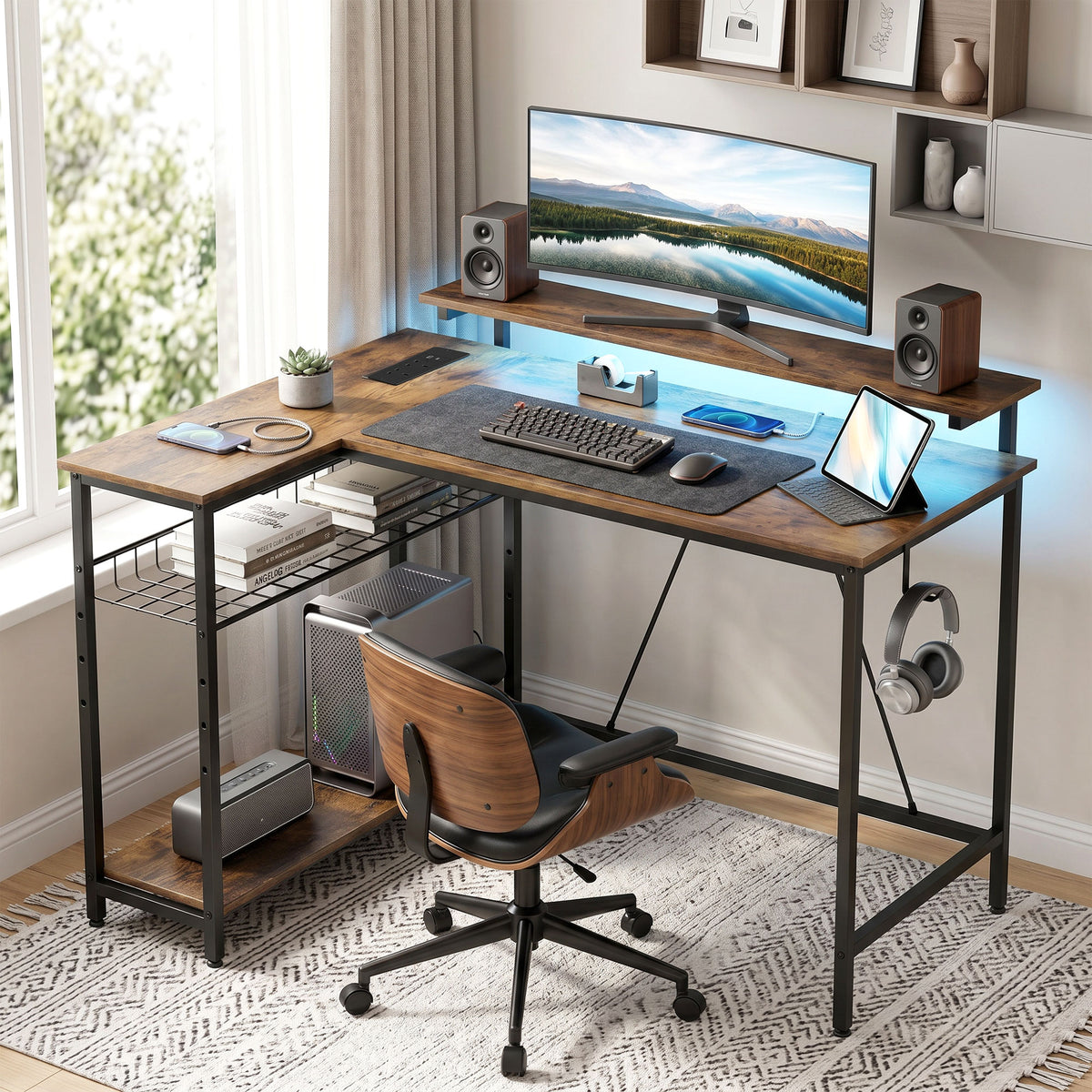 HOMCOM Reversible 'L' LED Light Gaming/Work Desk - Rustic Brown