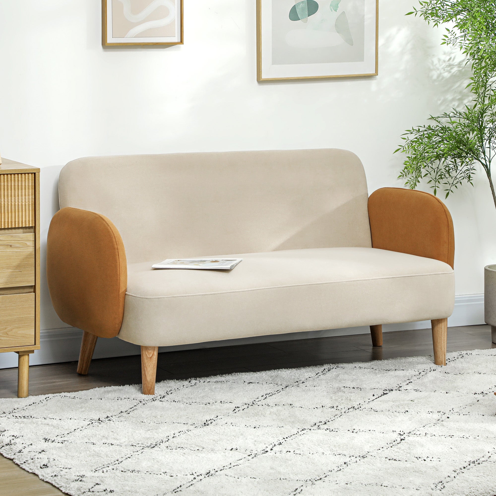 HOMCOM Two-Seater Velvet-Feel Mid Century Sofa - Cream/Orange