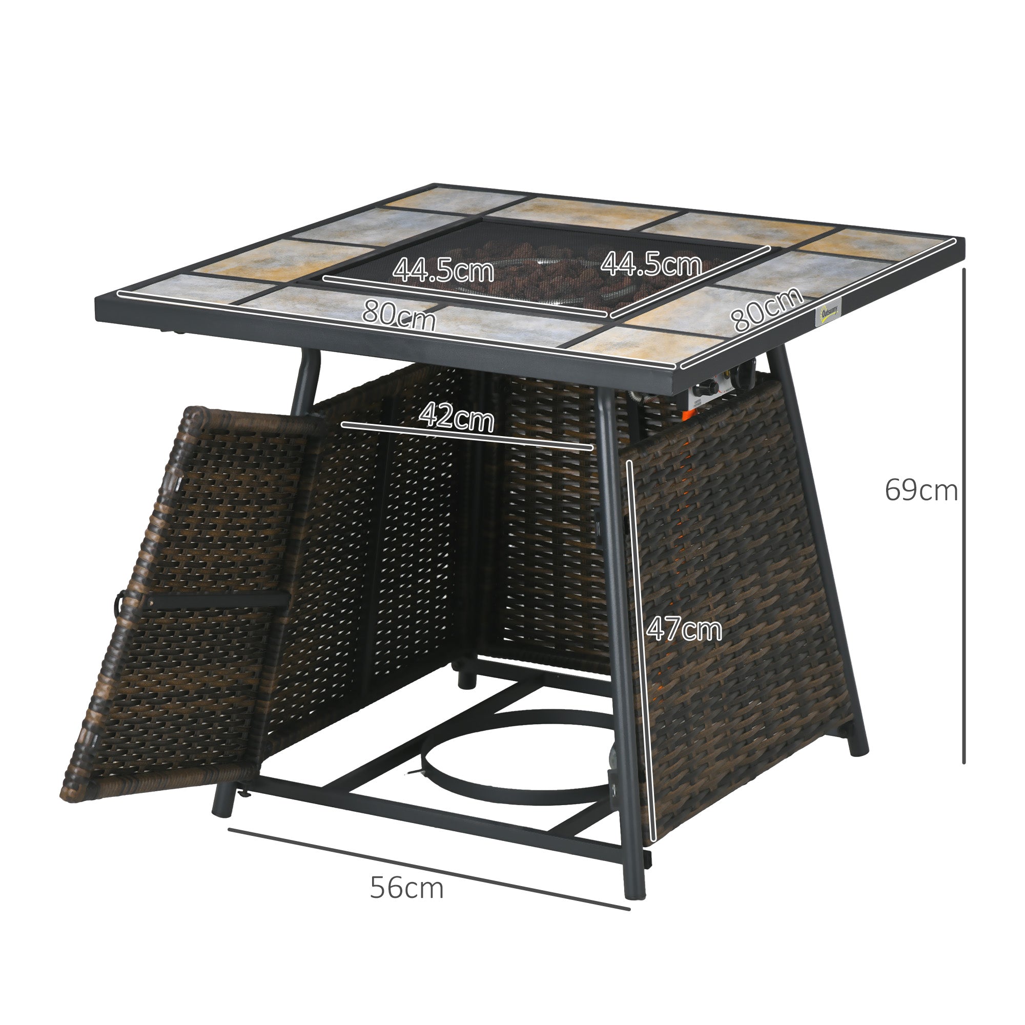 Outsunny Square Outdoor PE Rattan Fire Pit TableGas Burner Heater w/ Control Panel, Slate Top, Lid and Lava Rocks, 50,000 BTU