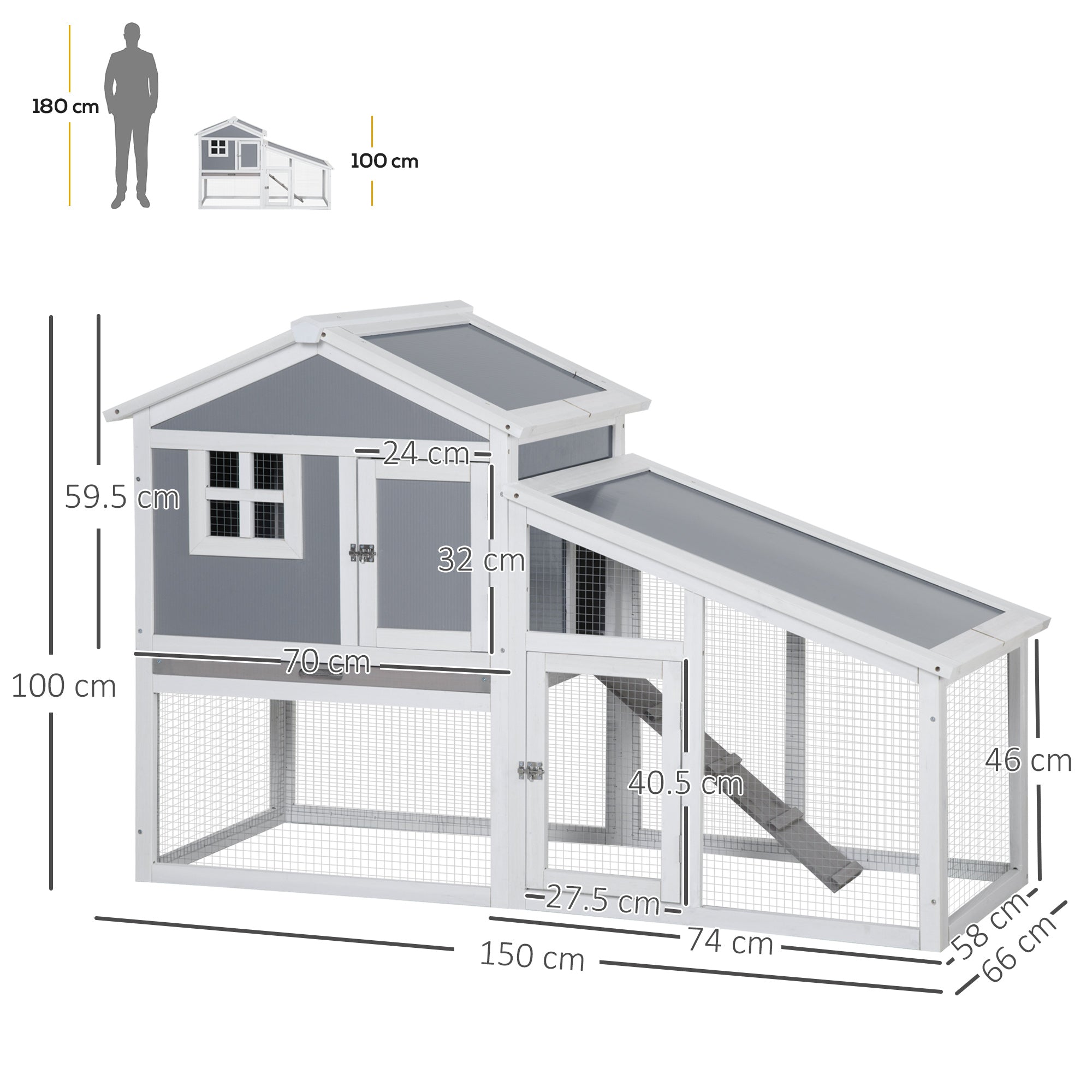 PawHut Two-Tier Rabbit Hutch, with Sunlight Panel Roof, Slide-Out Tray - Grey