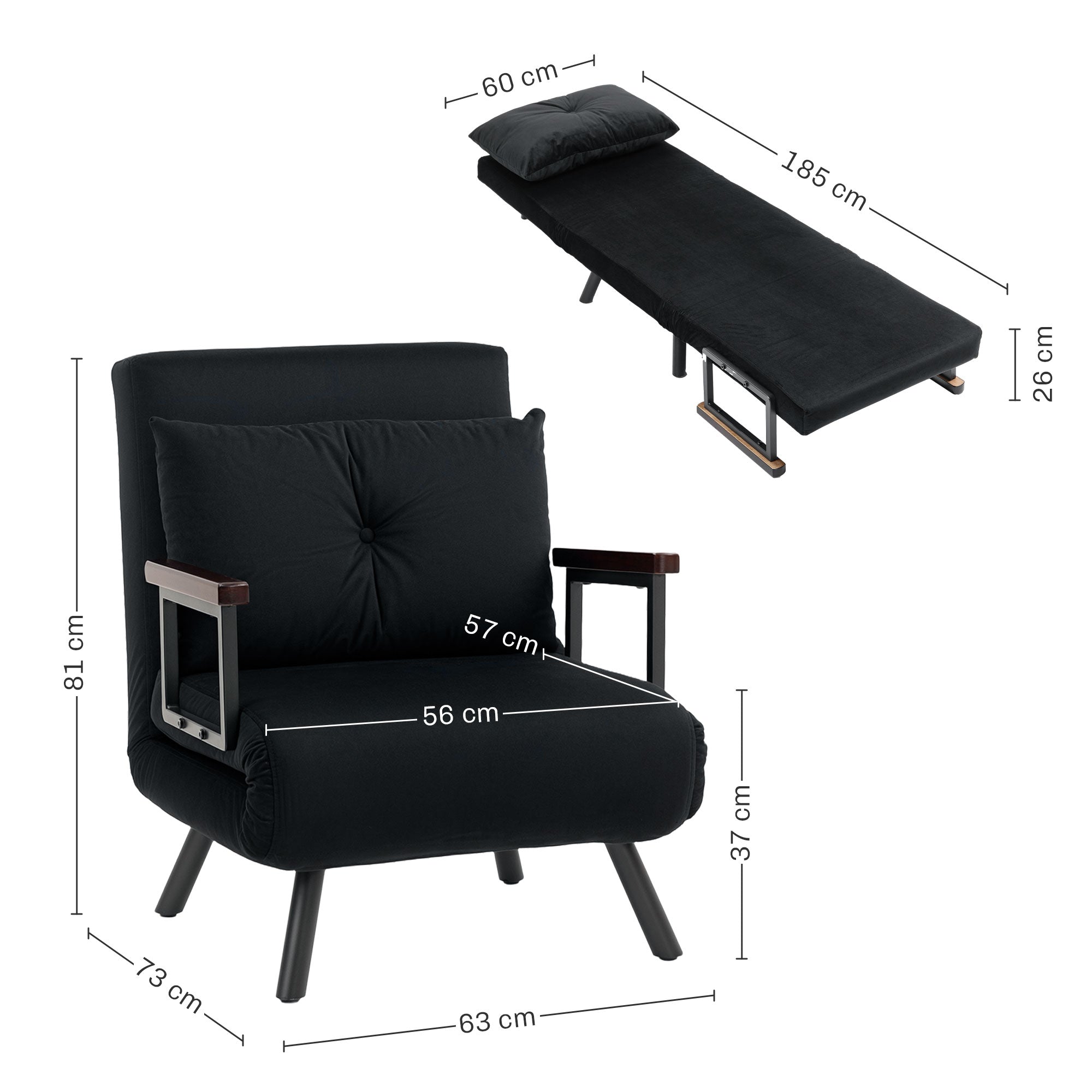 HOMCOM 4-in-1 Velvet-Feel Single Chair Bed, with Pillow - Black - North Peak Garden Furniture