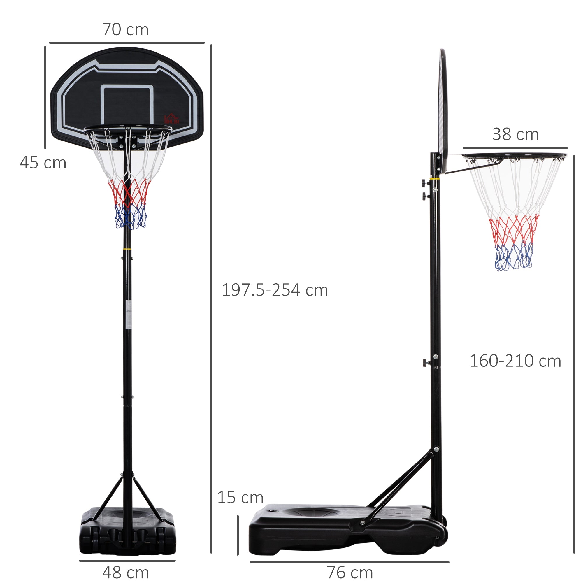 HOMCOM Adjustable Basketball Hoop and Stand, with Wheels and Weight Base Black - North Peak Garden Furniture