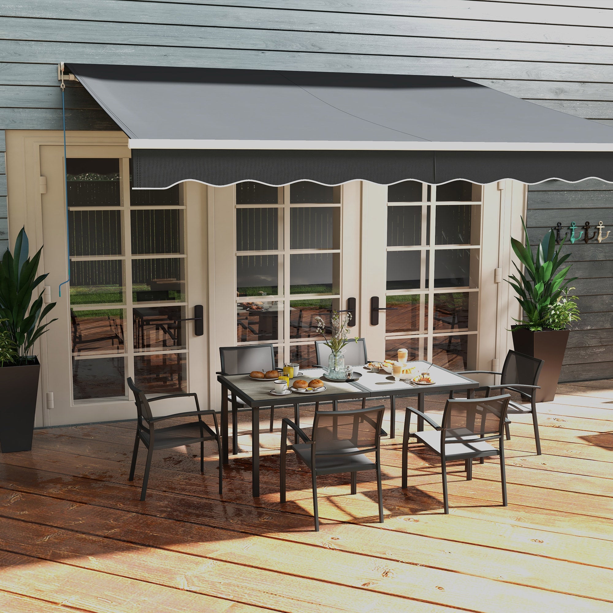 Outsunny Seven-Piece Casual Outdoor Dining Set, with Wood-Effect Table - Grey - North Peak Garden Furniture