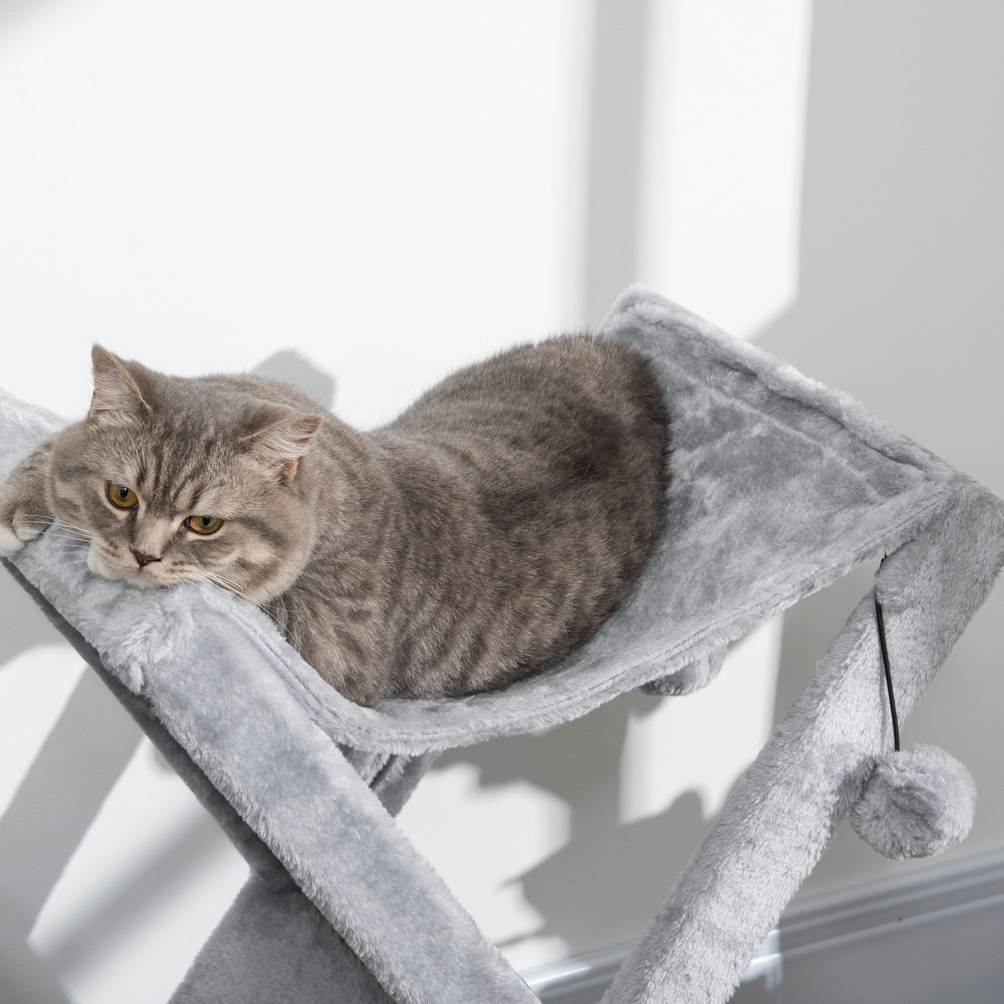 PawHut Two Tier Cat Tree for Indoor Cats Play Rest Activity Tower Plush Folding Relax Center w/ Scratching Post Hammock Pom Poms Grey - North Peak Garden Furniture