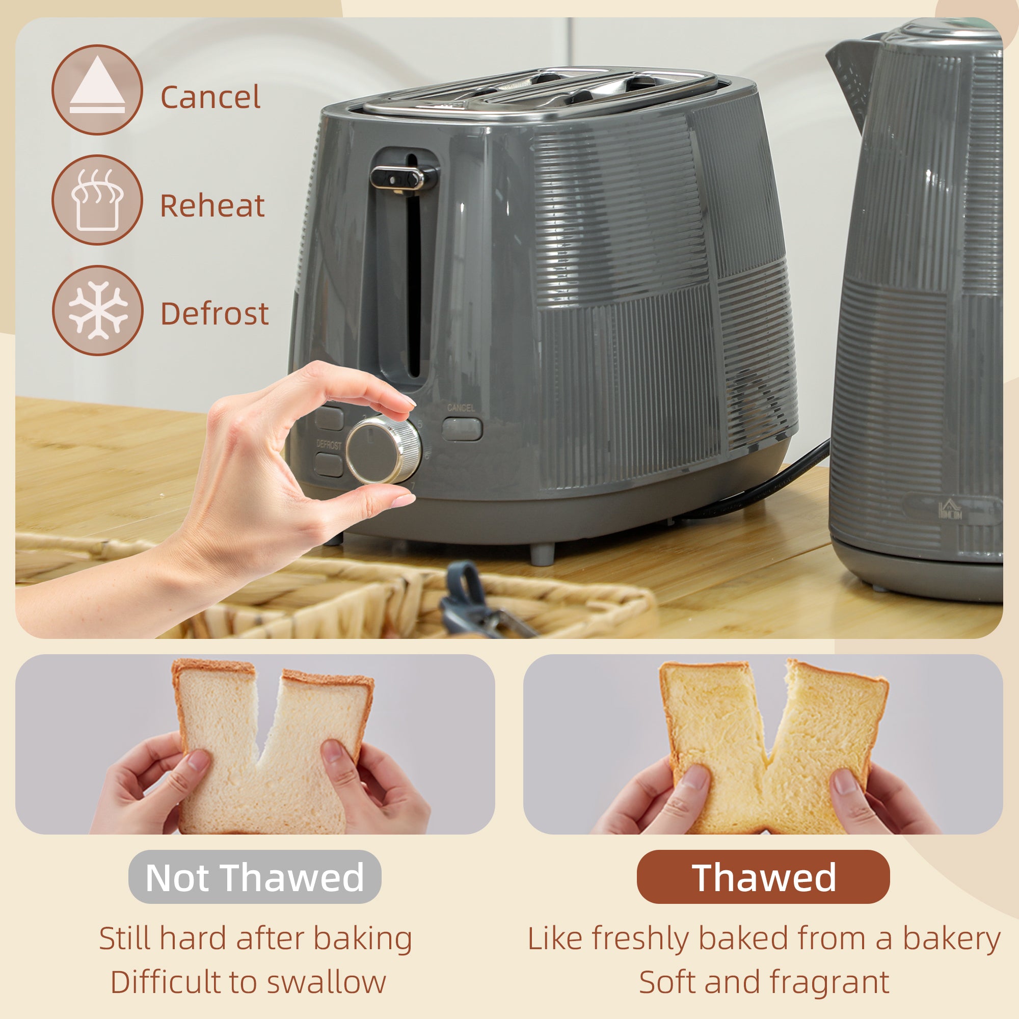 HOMCOM Kettle and Toaster Set, 1.7L 3000W Fast Boil Kettle & 2 Slice Toaster Kitchen Set with 7 Level Browning Controls, Defrost, Reheat, Boil-dry Protection, Grey - North Peak Garden Furniture