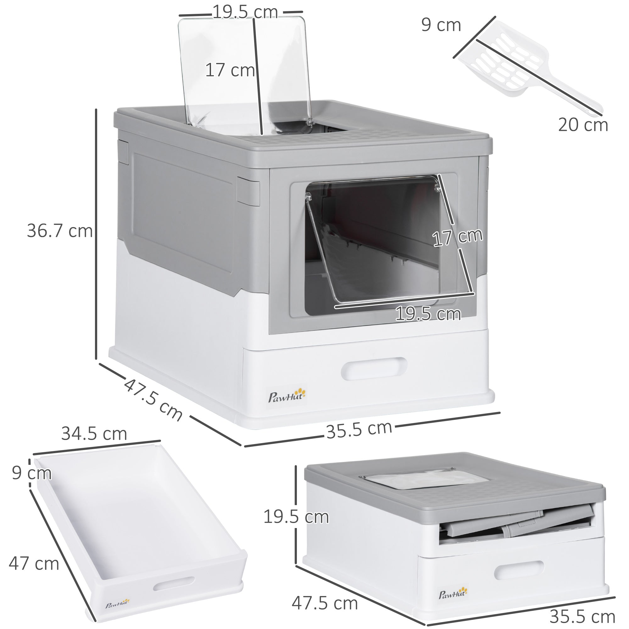 PawHut Hooded Cat Litter Box, Portable Pet Toilet, with Scoop, Front Entry - Grey - North Peak Garden Furniture