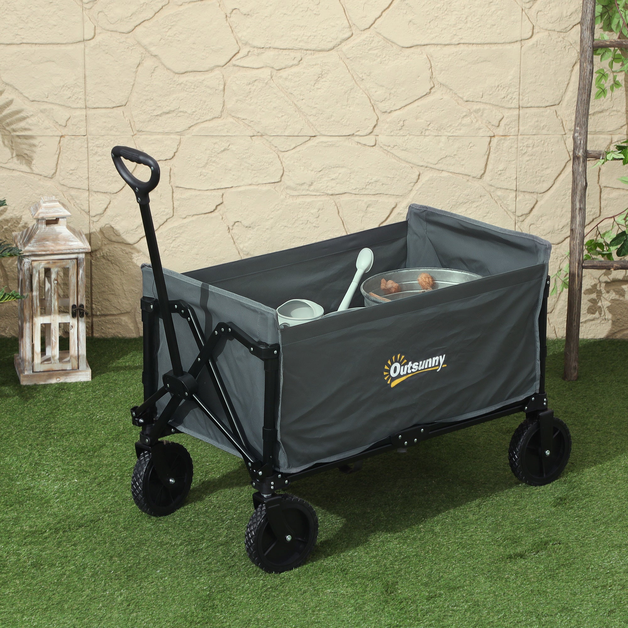 Outsunny 120L Folding Garden Trolley Cart, Outdoor Collapsible Wagon with Wheels and Adjustable Handle for Beach, Camping, Festival, Grey - North Peak Garden Furniture