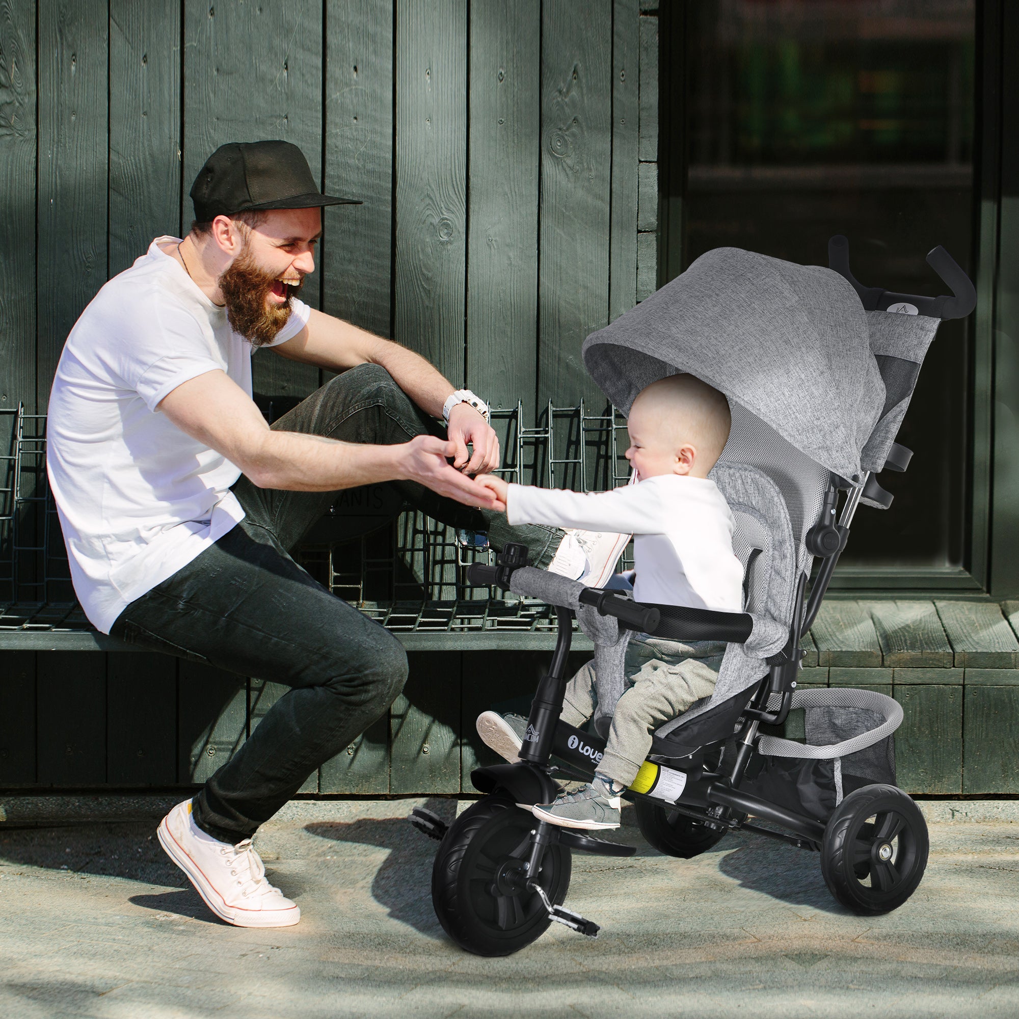 HOMCOM 6 in 1 Kids Trike Push Bike w/ Push Handle, Canopy, 5-point Safety Belt, Storage, Footrest, Brake, for 1-5 Years, Grey - North Peak Garden Furniture