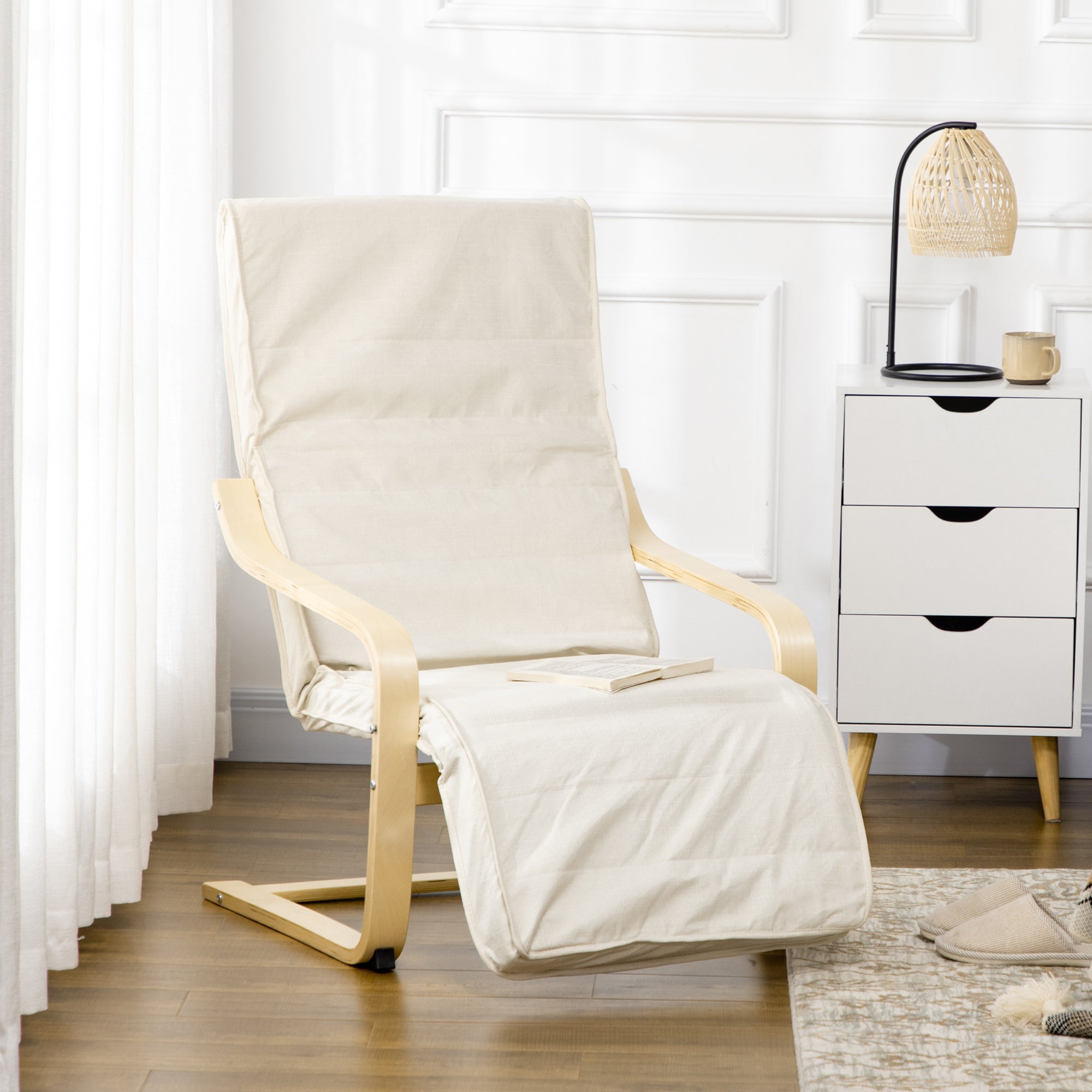 HOMCOM Wooden Lounging Chair Deck Relaxing Recliner Lounge Seat with Adjustable Footrest & Removable Cushion, Cream White - North Peak Garden Furniture