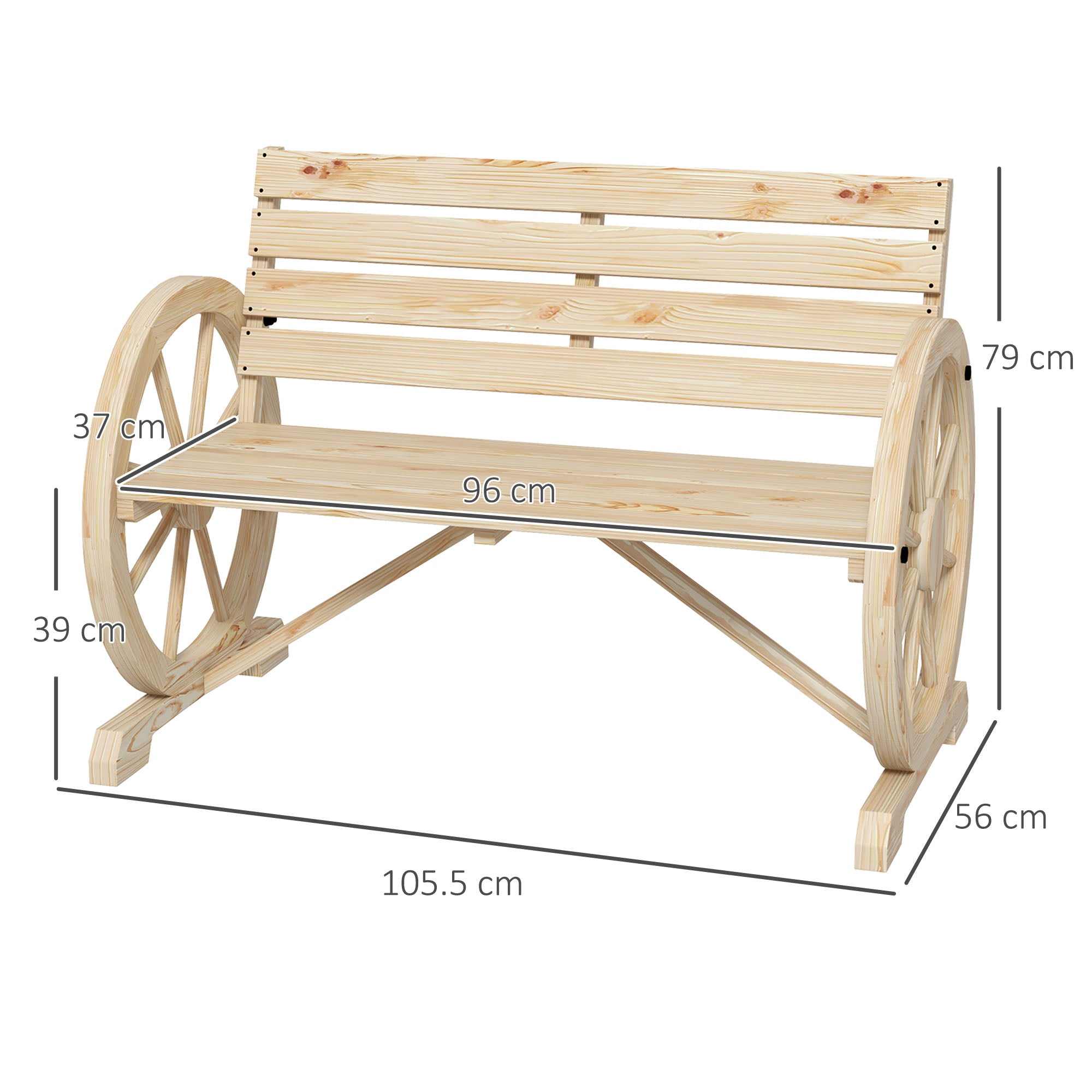 Outsunny Wagon Wheel Chair Bench Armrest Rustic Loveseat Wood Outdoor Garden, Natural