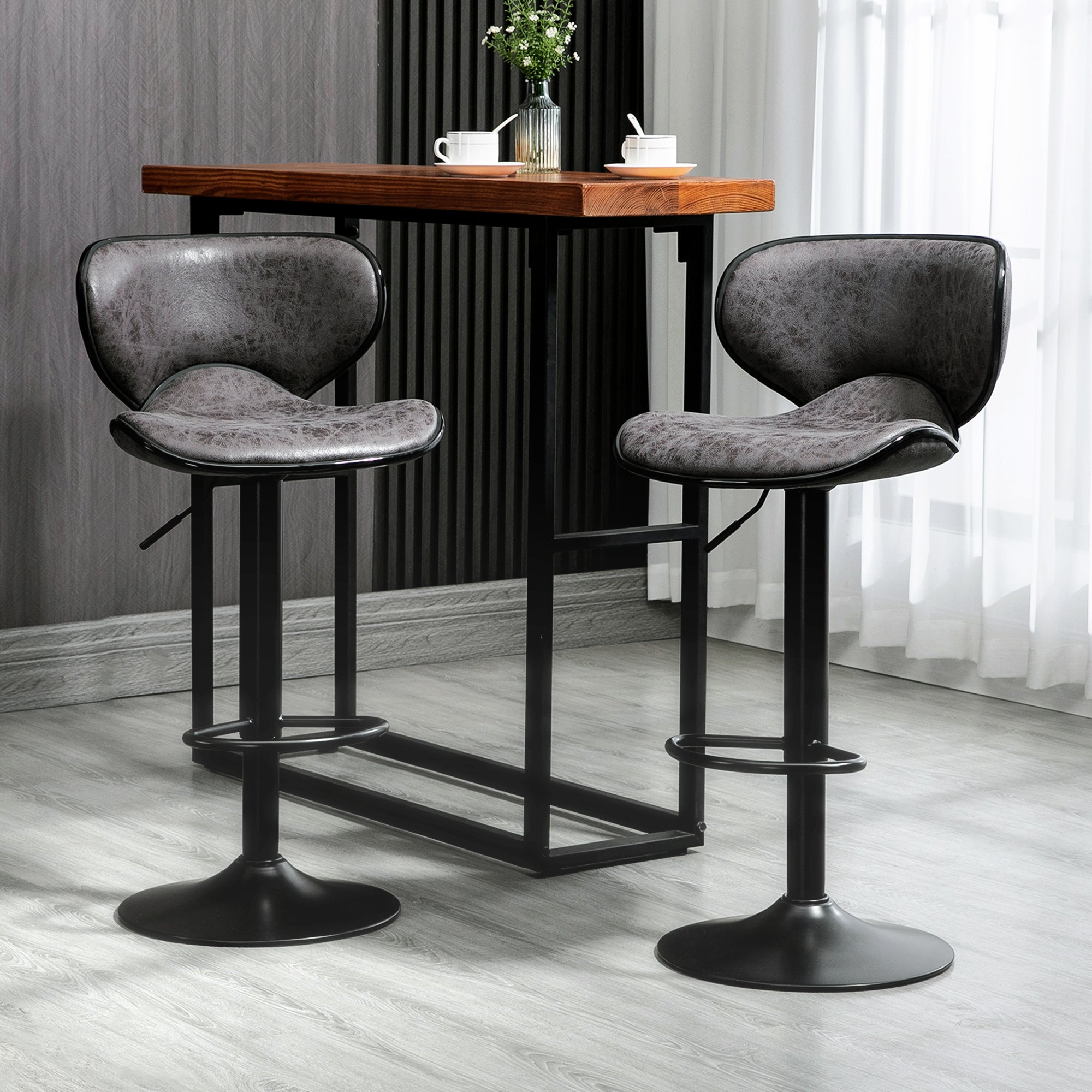 HOMCOM Adjustable Bar Stools Set of 2, Swivel Leathaire Upholstered Barstools with Large Seat, Breakfast Bar Chairs with Back, Footrest and Steel Base, Dark Grey