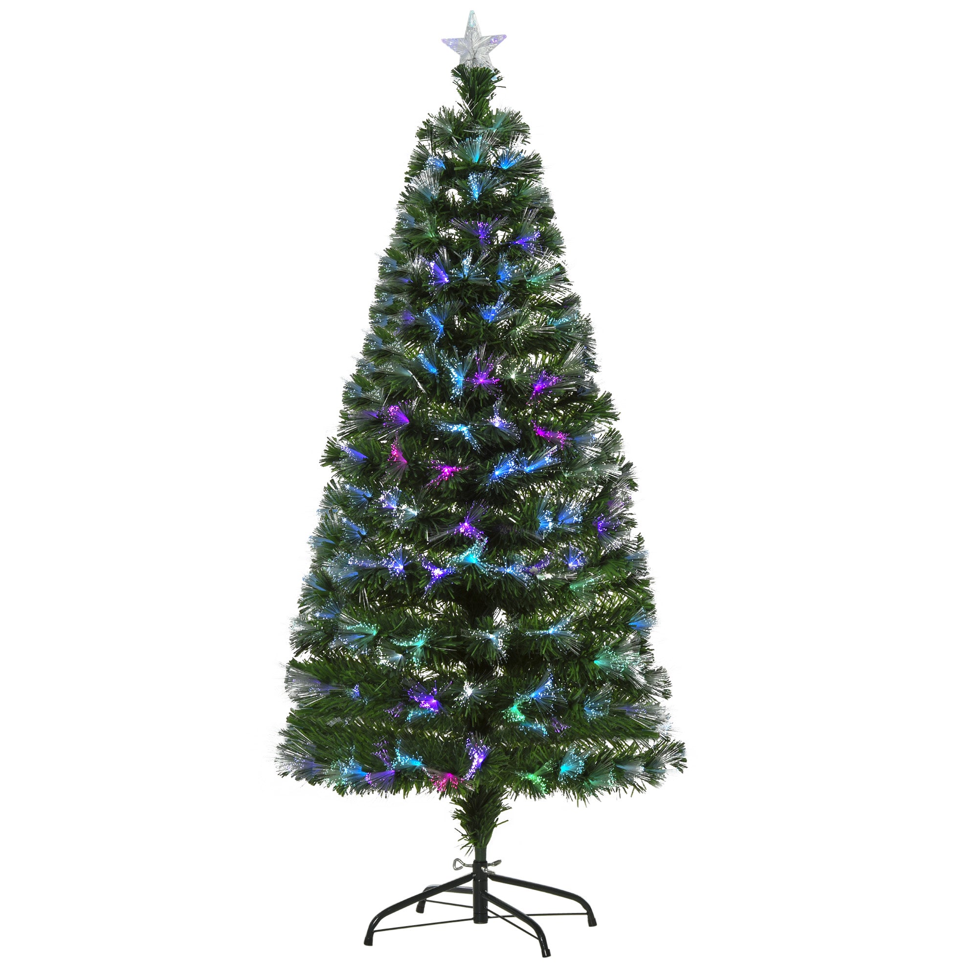 HOMCOM 5FT Multicoloured Artificial Christmas Tree w/ Fibre Optic Lights Pre-Lit Modes Metal Stand Star Holder Home Seasonal Decoration - North Peak Garden Furniture