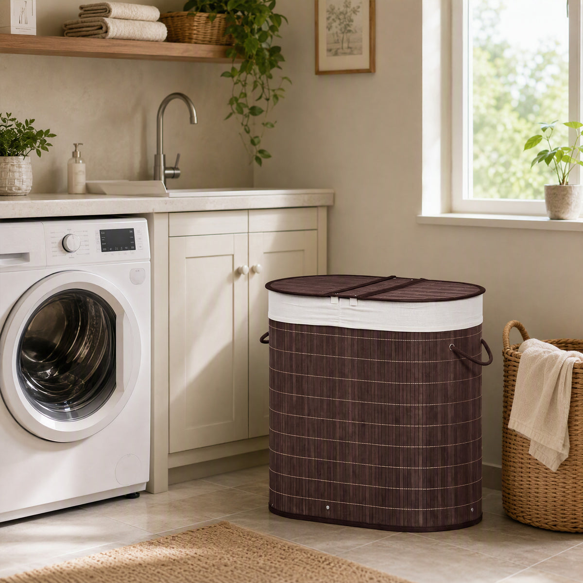 HOMCOM 100L Bamboo Laundry Basket with Lid, Washing Basket with 2 Compartments, Handles, Removable Liner, Brown