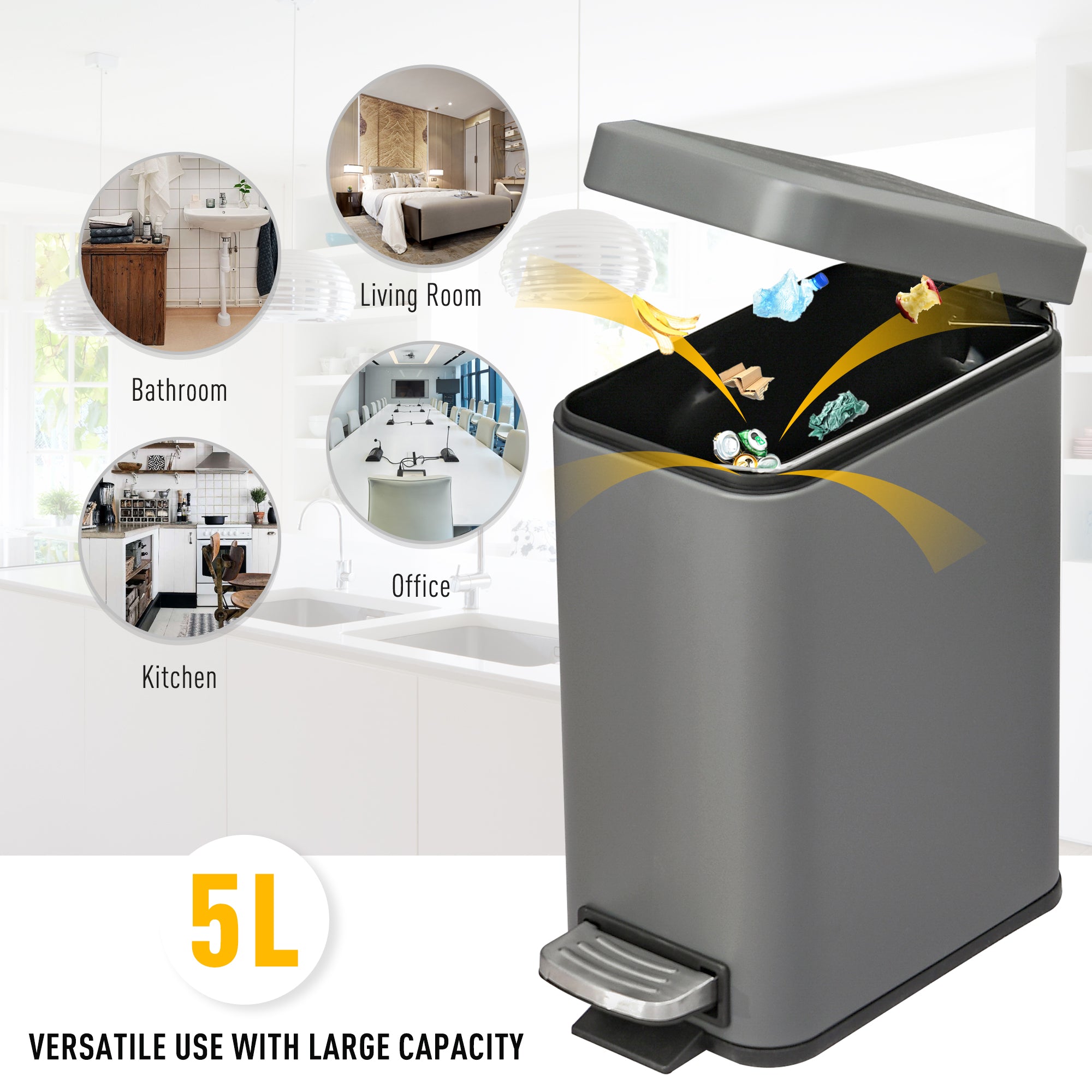 HOMCOM 5L Rectangular Compact Bin Steel Body Removable Bucket Quiet-Close Lid w/ Pedal Lid Rubbish Trash Can Home Office Bedroom Bathroom Living Room Garbage Tidy Clean Grey - North Peak Garden Furniture
