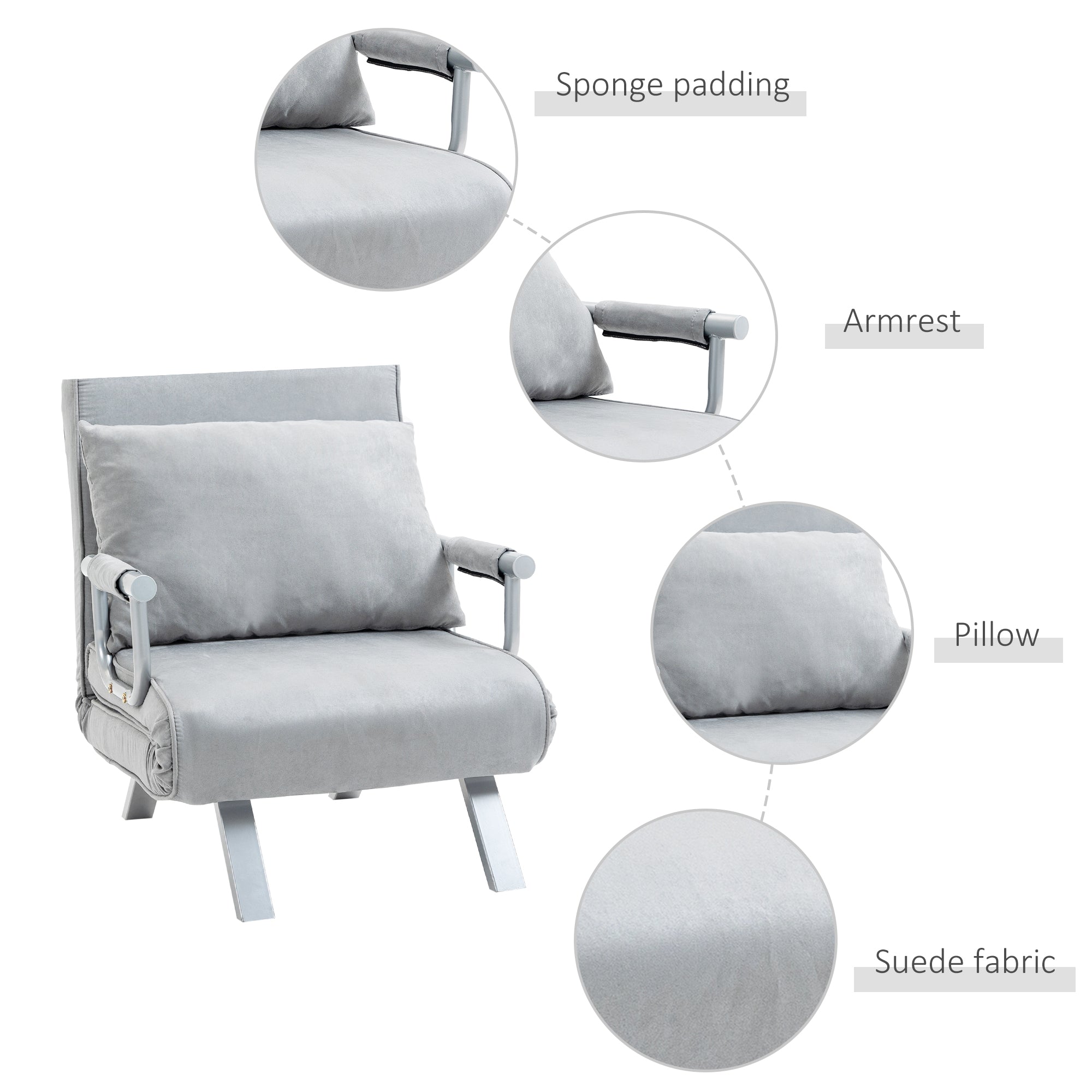 HOMCOM Suedette Adjustable Back Futon Sofa Chair - Grey