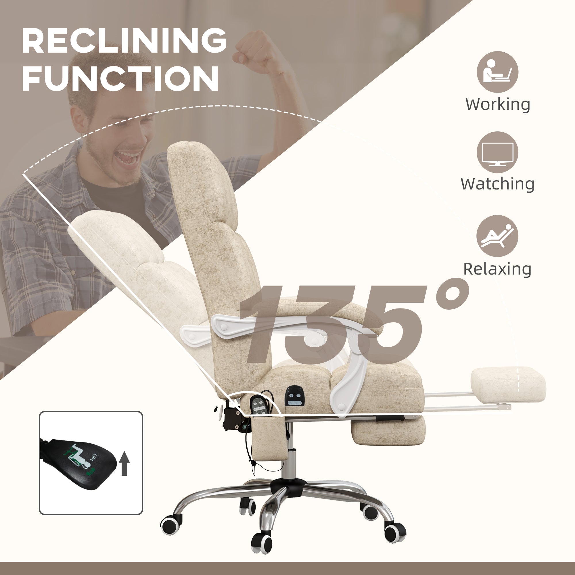Vinsetto Massage Office Chair, Ergonomic Desk Chair, Comfy Work Study Chair with Heat, Padded Seat, 135° Reclining Back and Footrest for Home Office, Beige - North Peak Garden Furniture