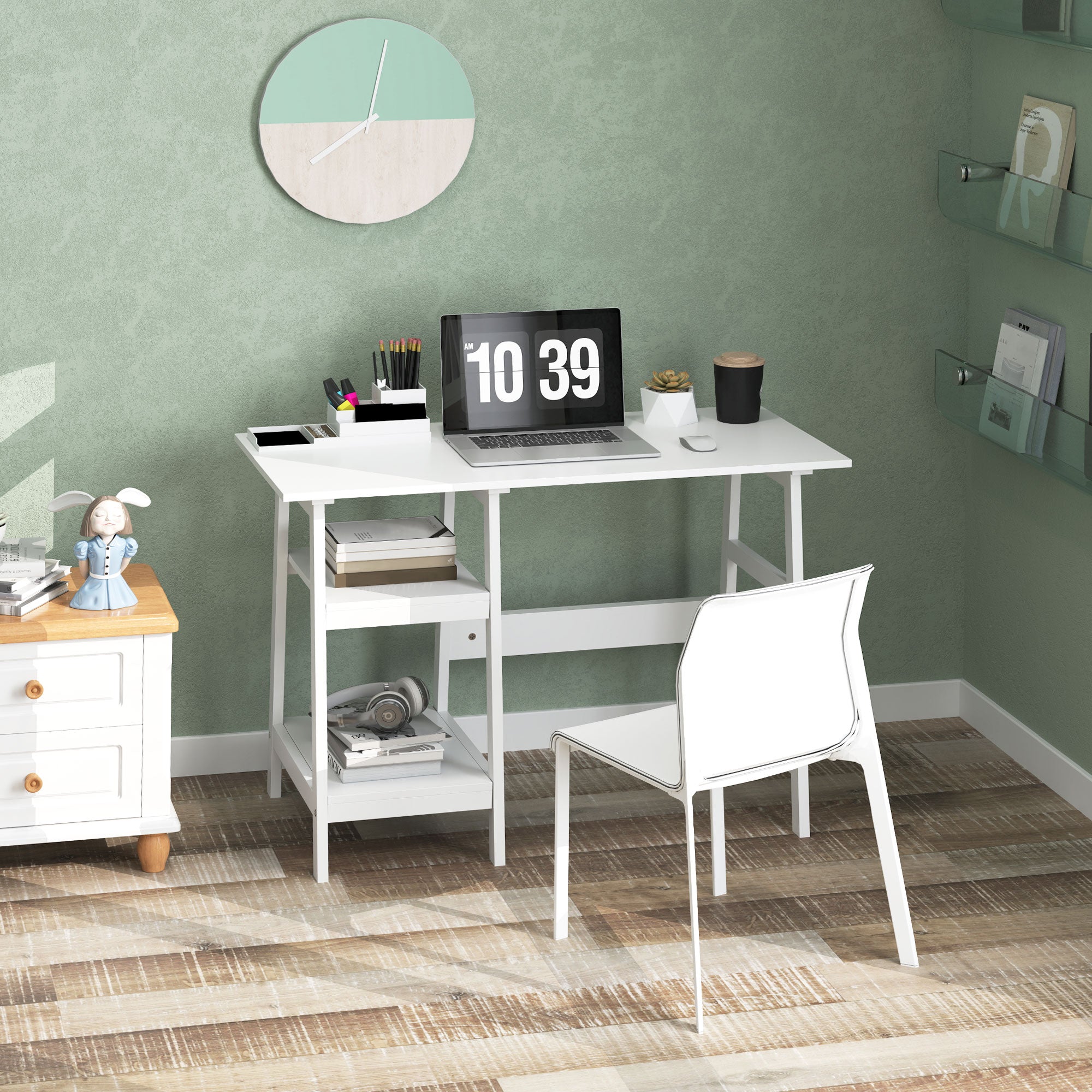 HOMCOM Compact Computer Desk with Storage Shelves, Study Table with Bookshelf, PC Table Workstation for Home Office, Study, Easy Assembly, 106 x 51cm, White - North Peak Garden Furniture