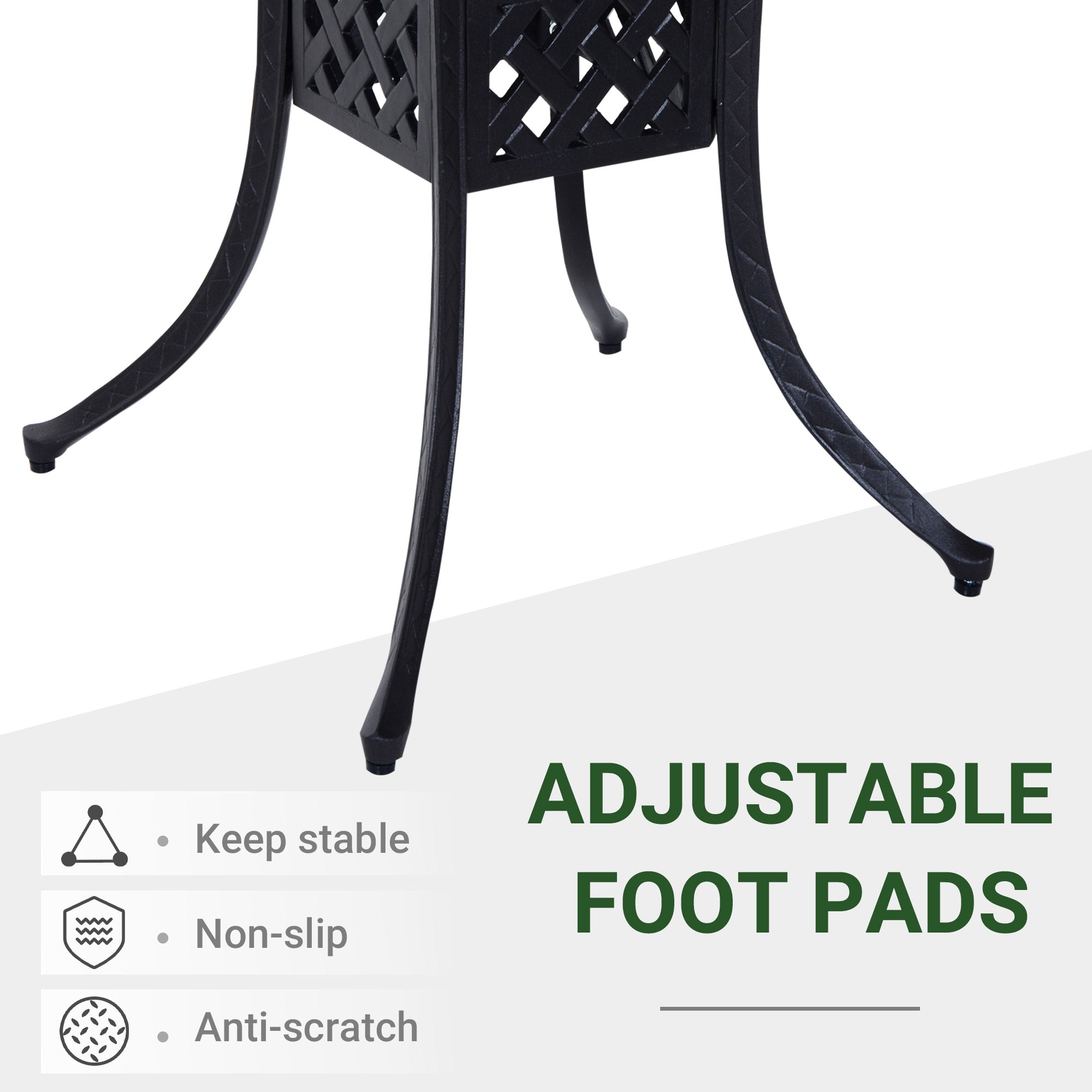 Outsunny 90cm Square Garden Table with Umbrella Hole, Aluminium Grid Motif Outdoor Dining Table for Garden Patio, Black - North Peak Garden Furniture