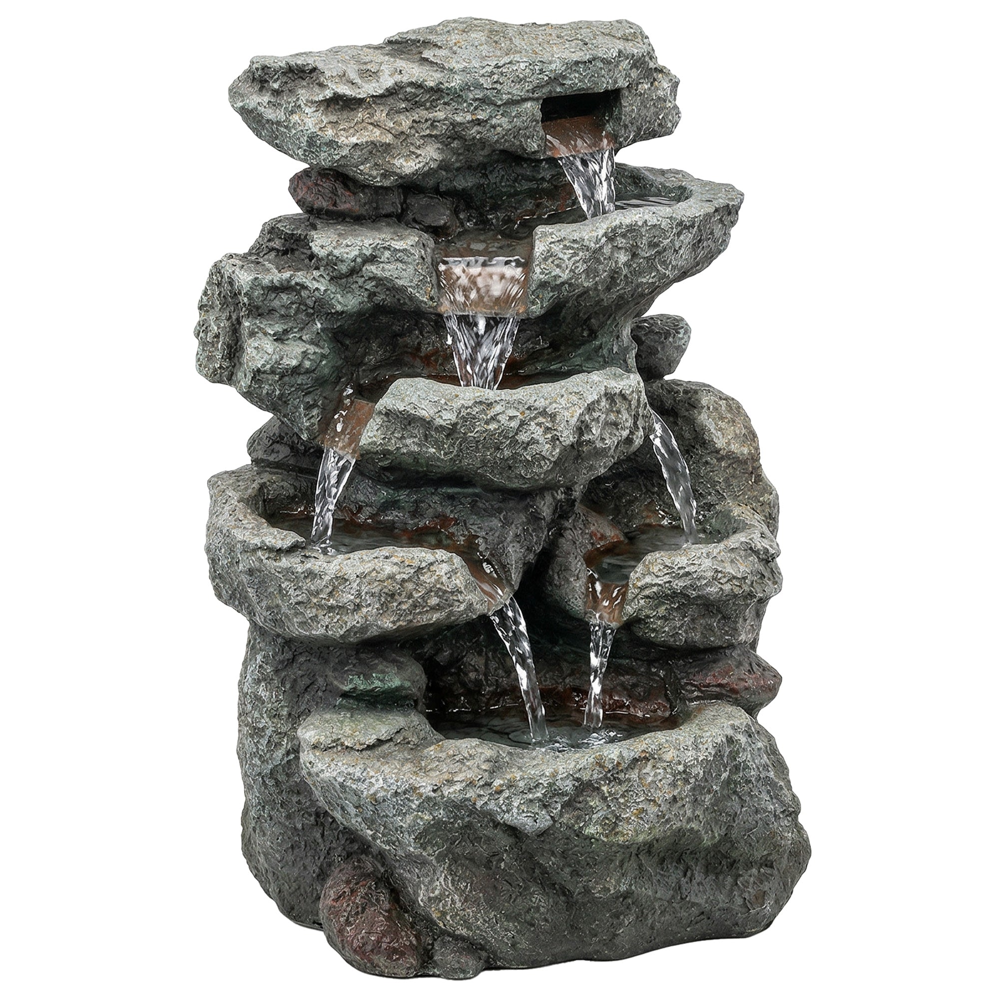 Outsunny Outdoor Fountain with 6-Tier Rock Design, Waterfall Feature with LED Lights, Resin Freestanding Garden Fountain, Grey