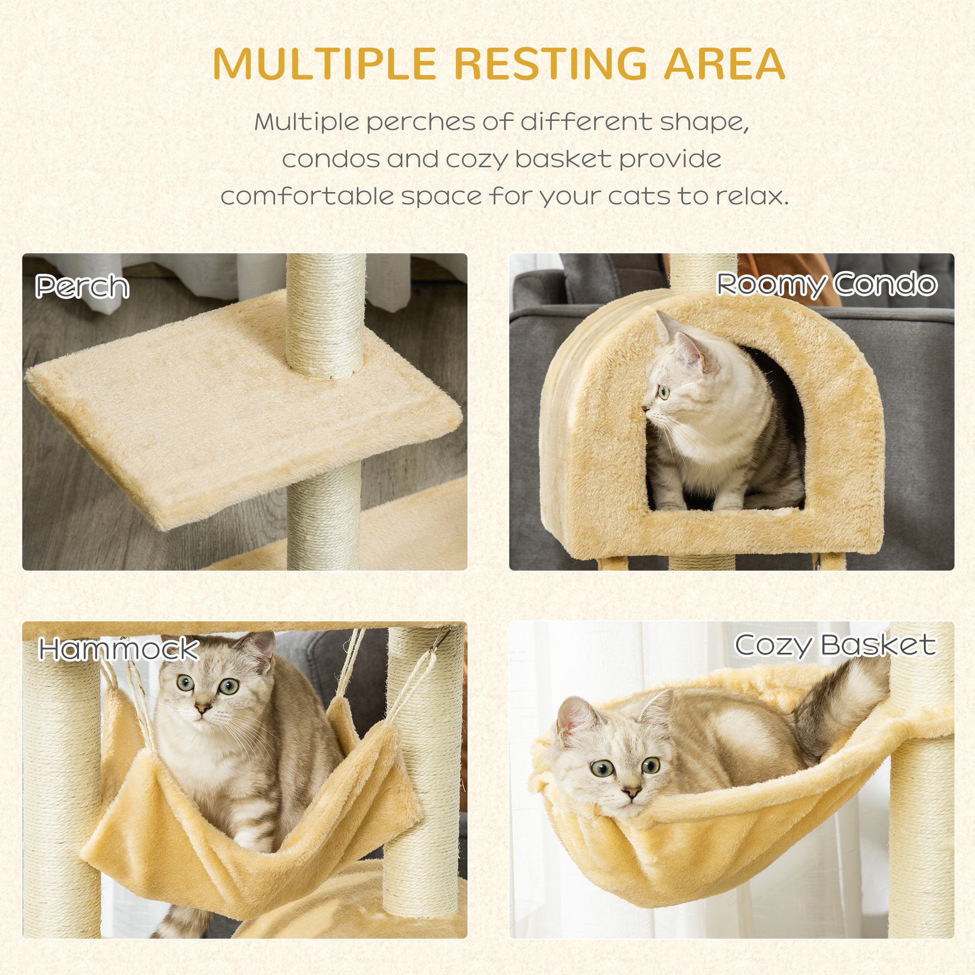 PawHut Cat Tree Tower for Indoor Cats Kitten Activity Centre Scratching Post w/ Hammock House Basket Ladder - Beige - North Peak Garden Furniture