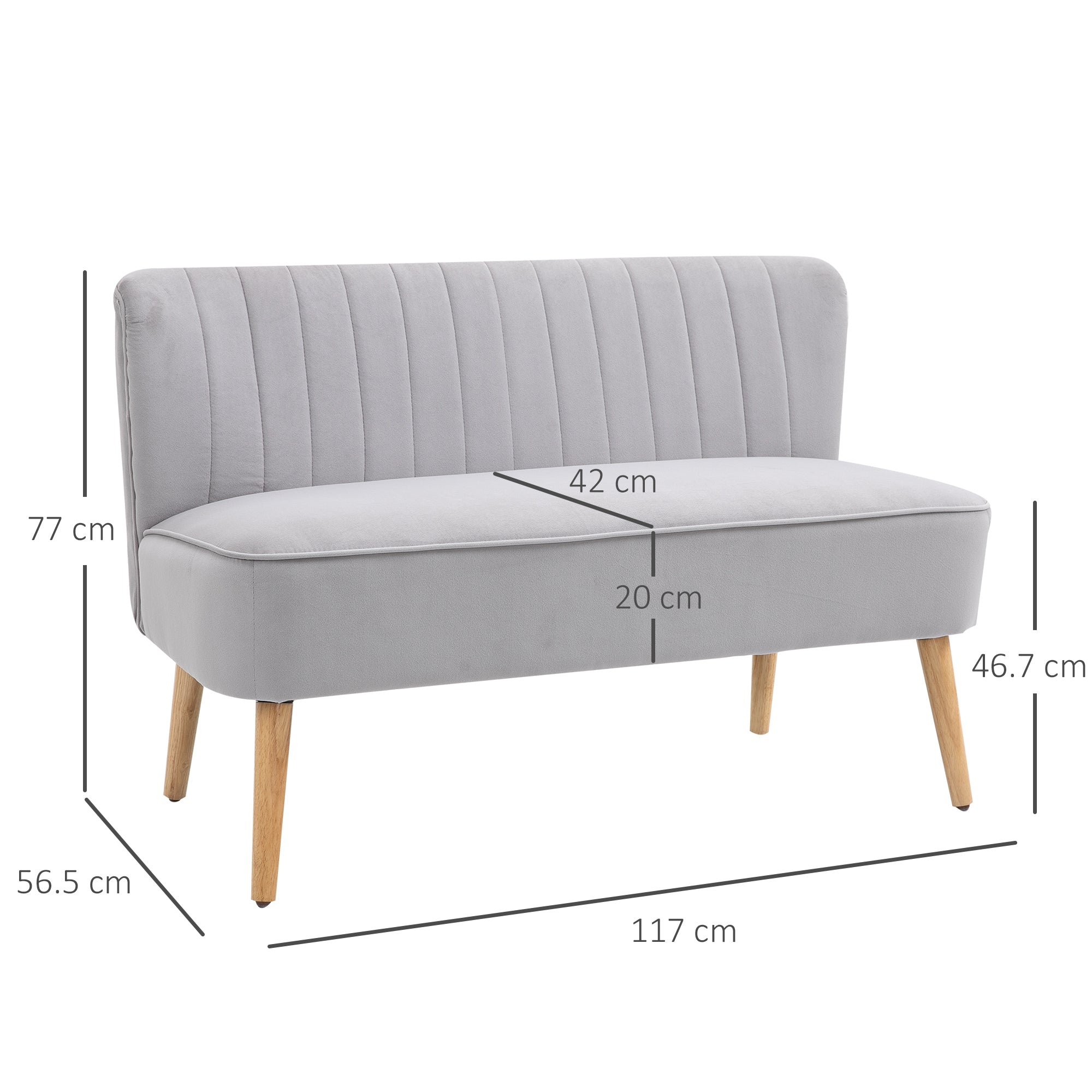HOMCOM Modern Velvet Double Seat Sofa w/ Wood Frame Foam Padding Soft Comfortable Compact Couch Light Grey