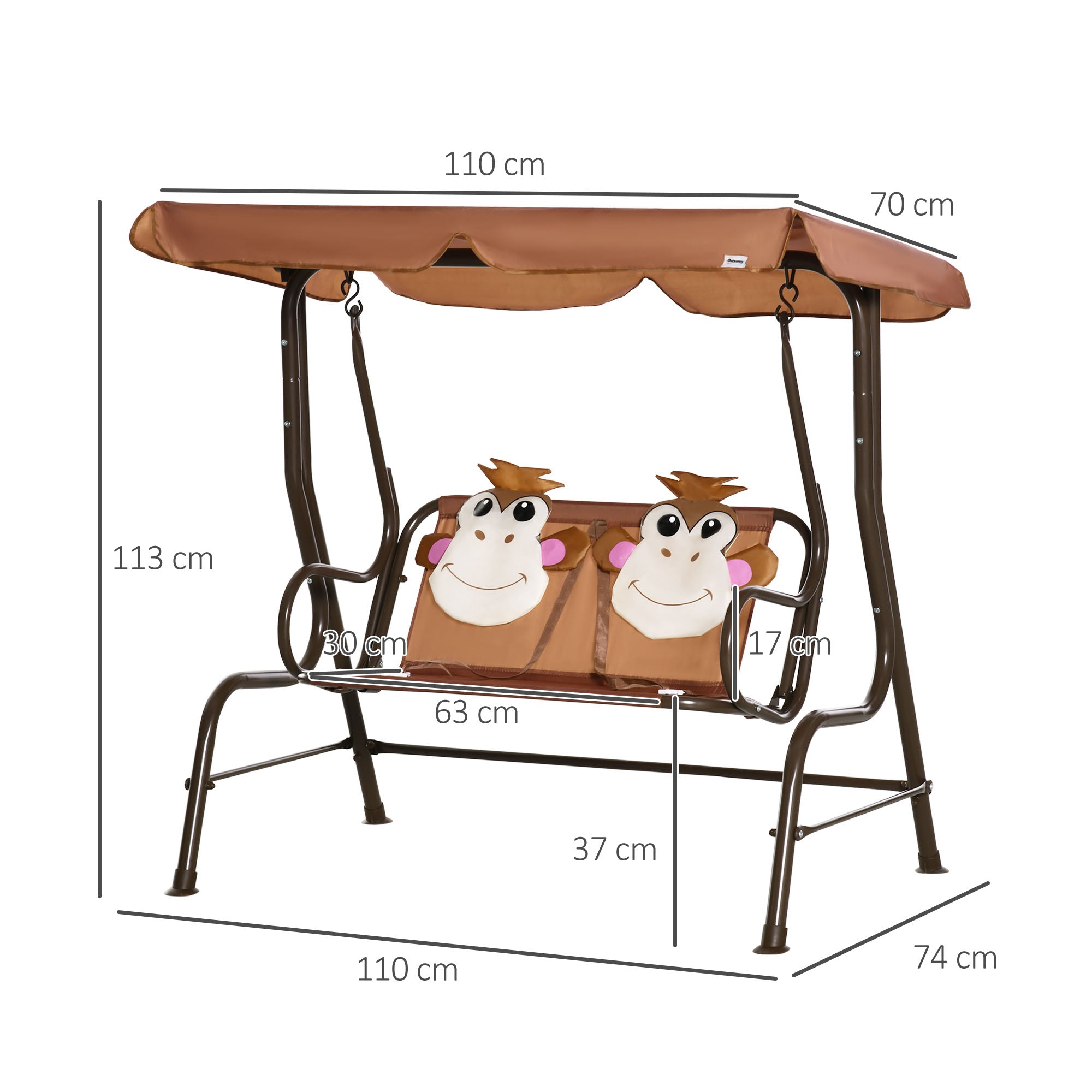 Outsunny 2 Seater Kids Garden Swing Seat, Children Outdoor Patio Lounge Chair for Gardens w/ Adjustable Awning, Seatbelt, Monkey Pattern - Brown - North Peak Garden Furniture