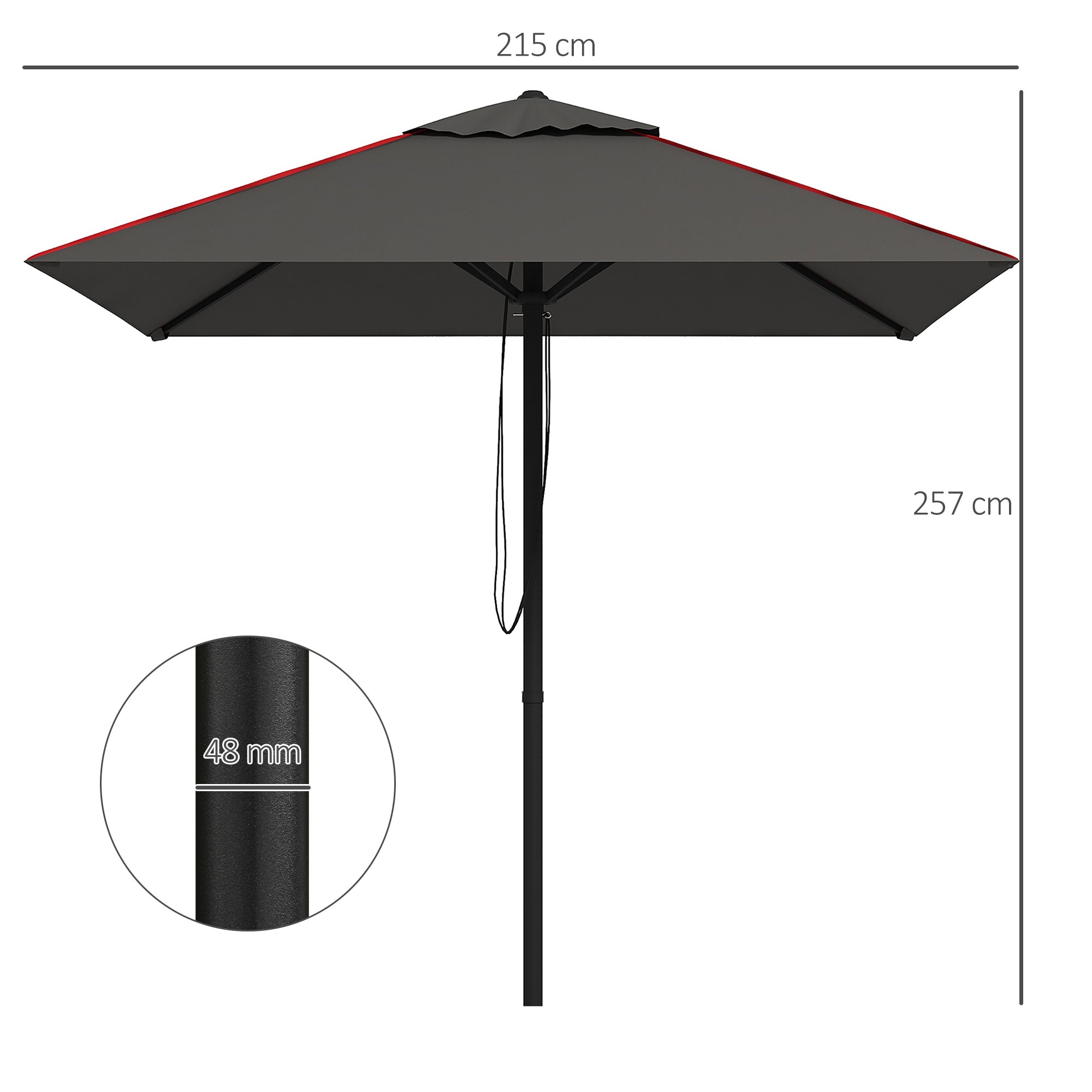 Outsunny 215cm Square Canopy Parasol, with Contrast Piping - Grey/Red - North Peak Garden Furniture