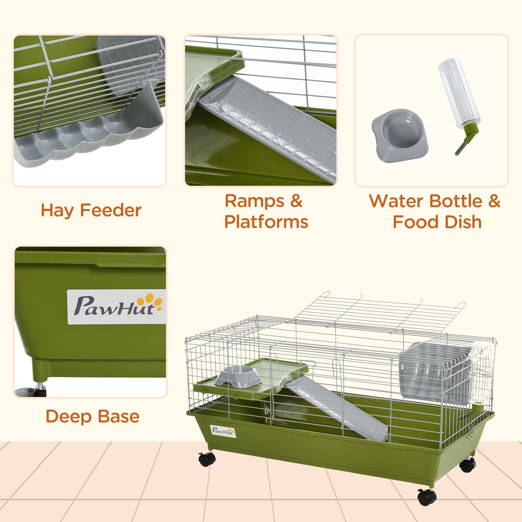 PawHut Small Animal Cage Rabbit Guinea Pigs Chinchillas Cage w/ Wheels Water Bottle Food Dish Platform Ramp 89 x 44 x 43 cm Green - North Peak Garden Furniture
