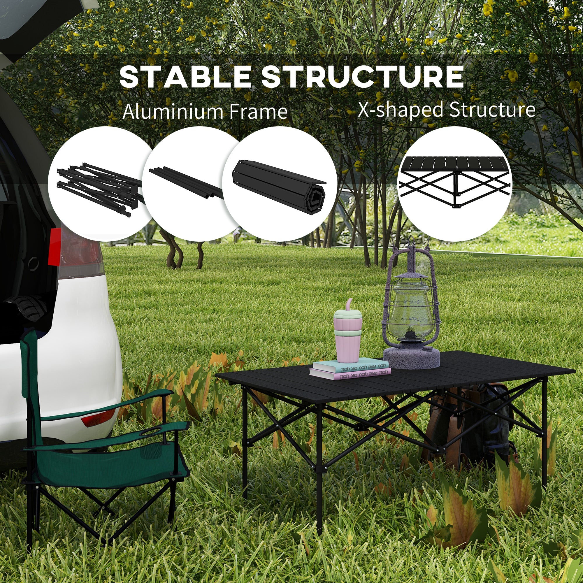 Outsunny Two-Seater Portable Aluminium Table, with Roll-Up Tabletop and Bag - Black