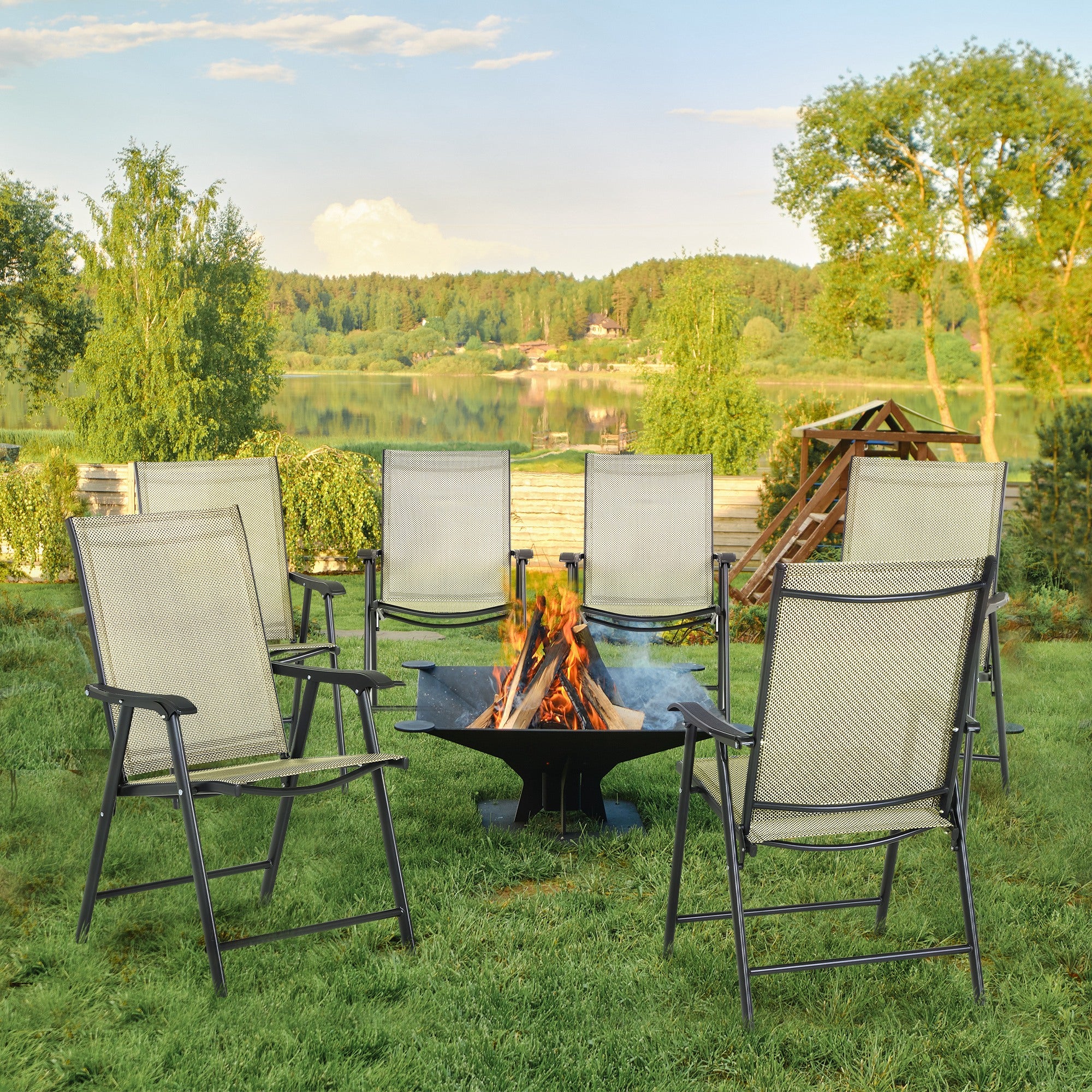 Outsunny Set of 6 Folding Garden Chairs, Metal Frame Garden Chairs Outdoor Patio Park Dining Seat with Breathable Mesh Seat, Beige - North Peak Garden Furniture