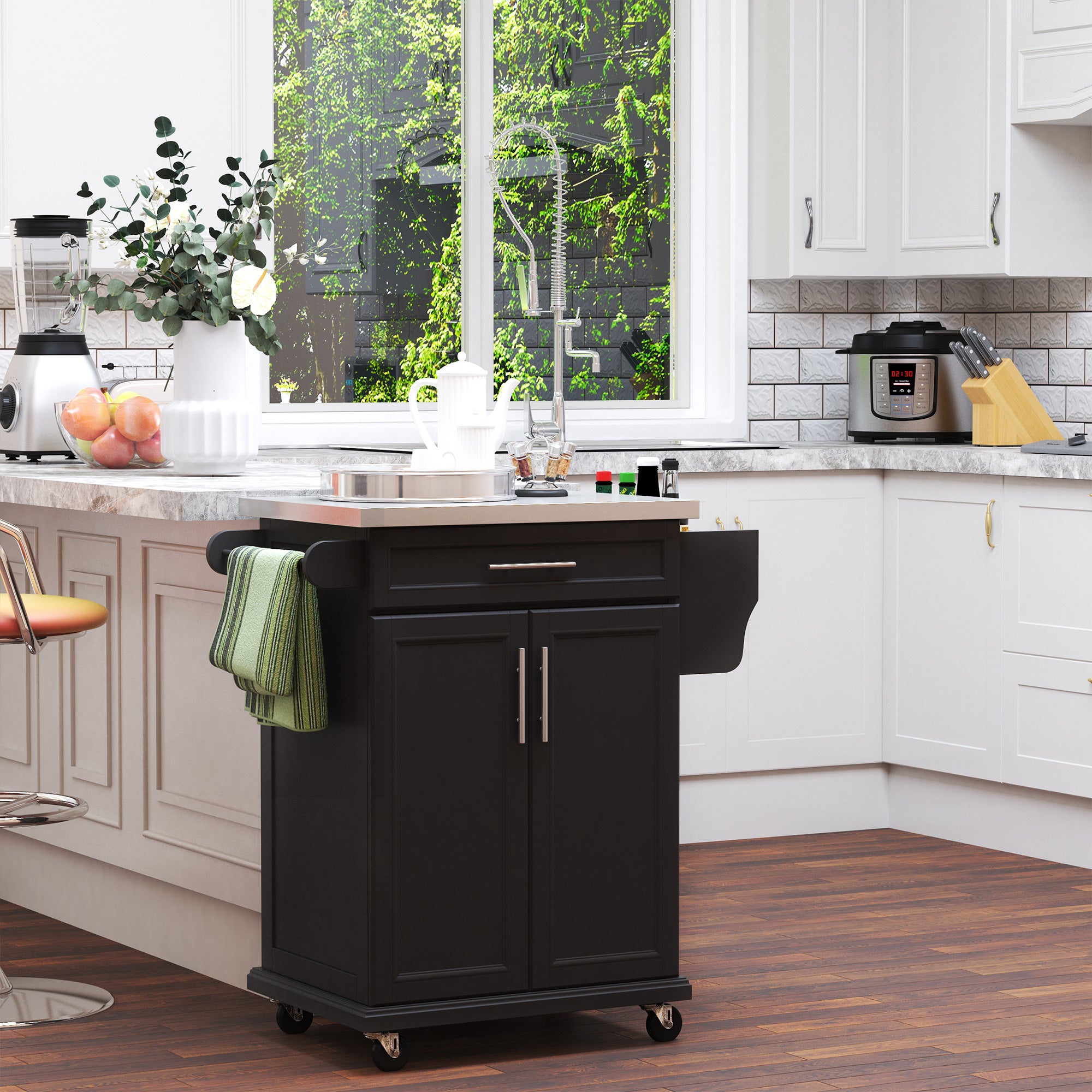 HOMCOM Wooden Kitchen Island on Wheels, Serving Cart Storage Trolley with Stainless Steel Top, Drawer, Side Handle and Rack, Black - North Peak Garden Furniture