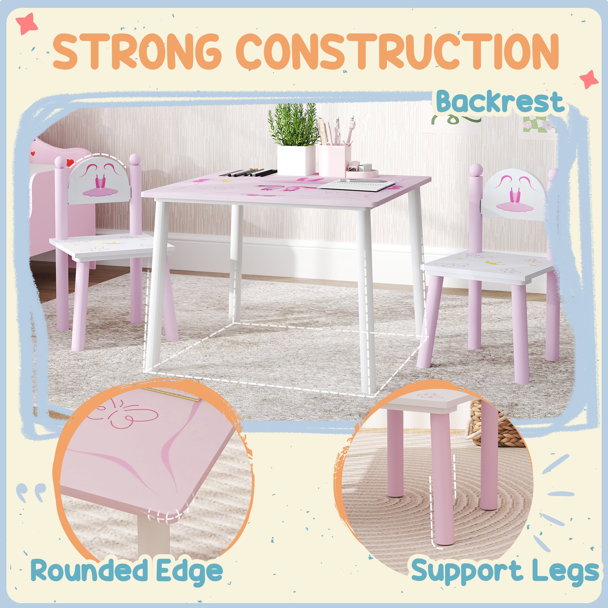 AIYAPLAY Princess Design Kids Table and Chairs Set for Activity, Art, Drawing, Toddler Table and Chairs Set for Playroom, Nursery - North Peak Garden Furniture