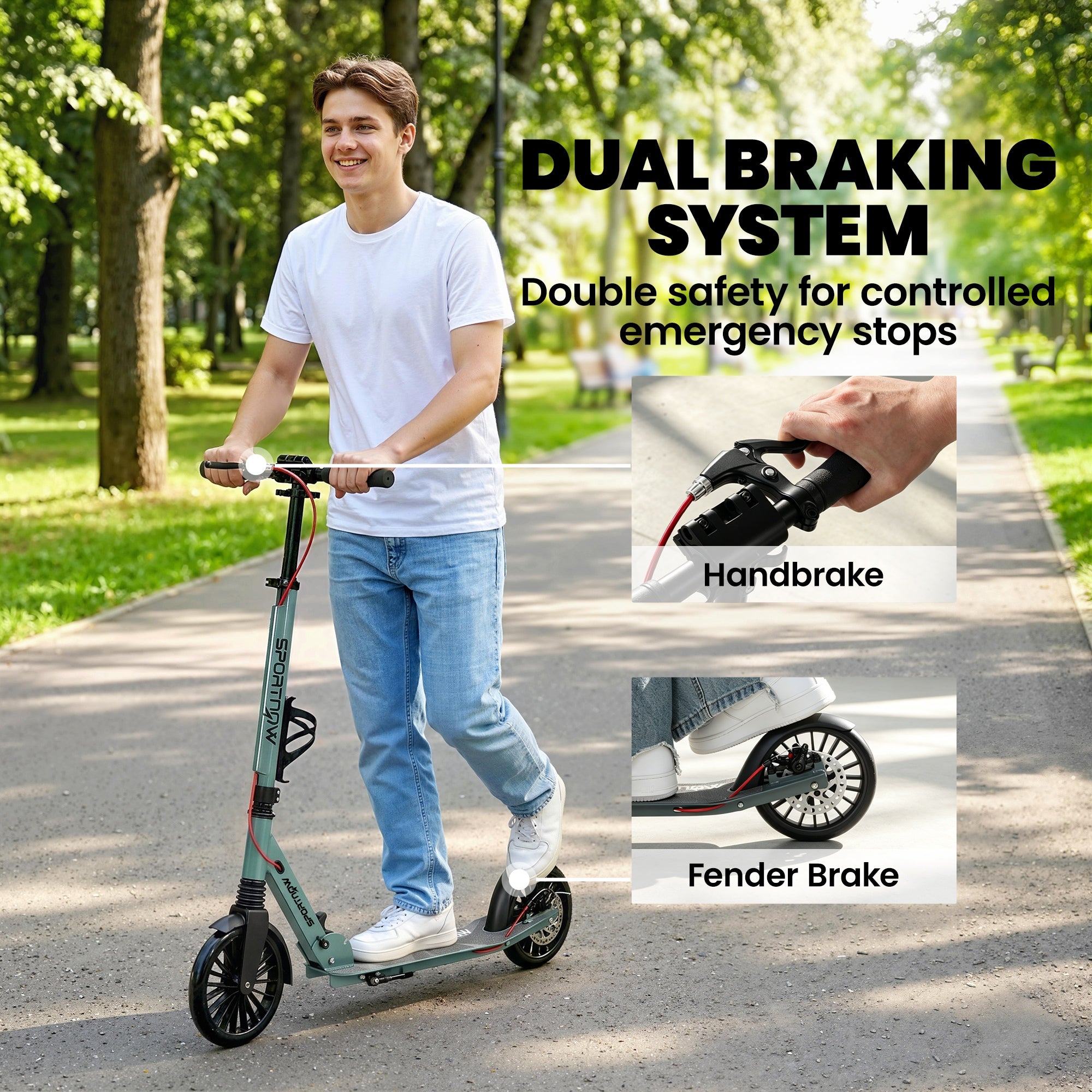 SPORTNOW Foldable Kick Scooter with Height Adjustable Handlebar, One-click Folding Adult Scooters with 200 mm Big Wheels, Silver Tone