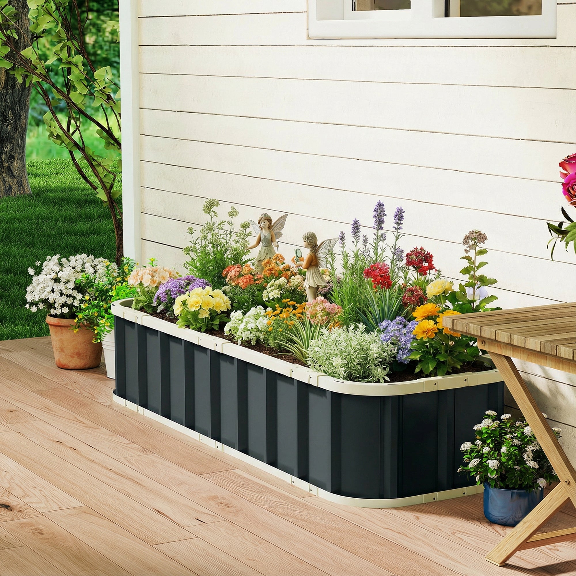 Outsunny Galvanised Raised Garden Bed, 5 x 2 x 1 ft Metal Planter with Gloves and Folded Edging, Dark Grey
