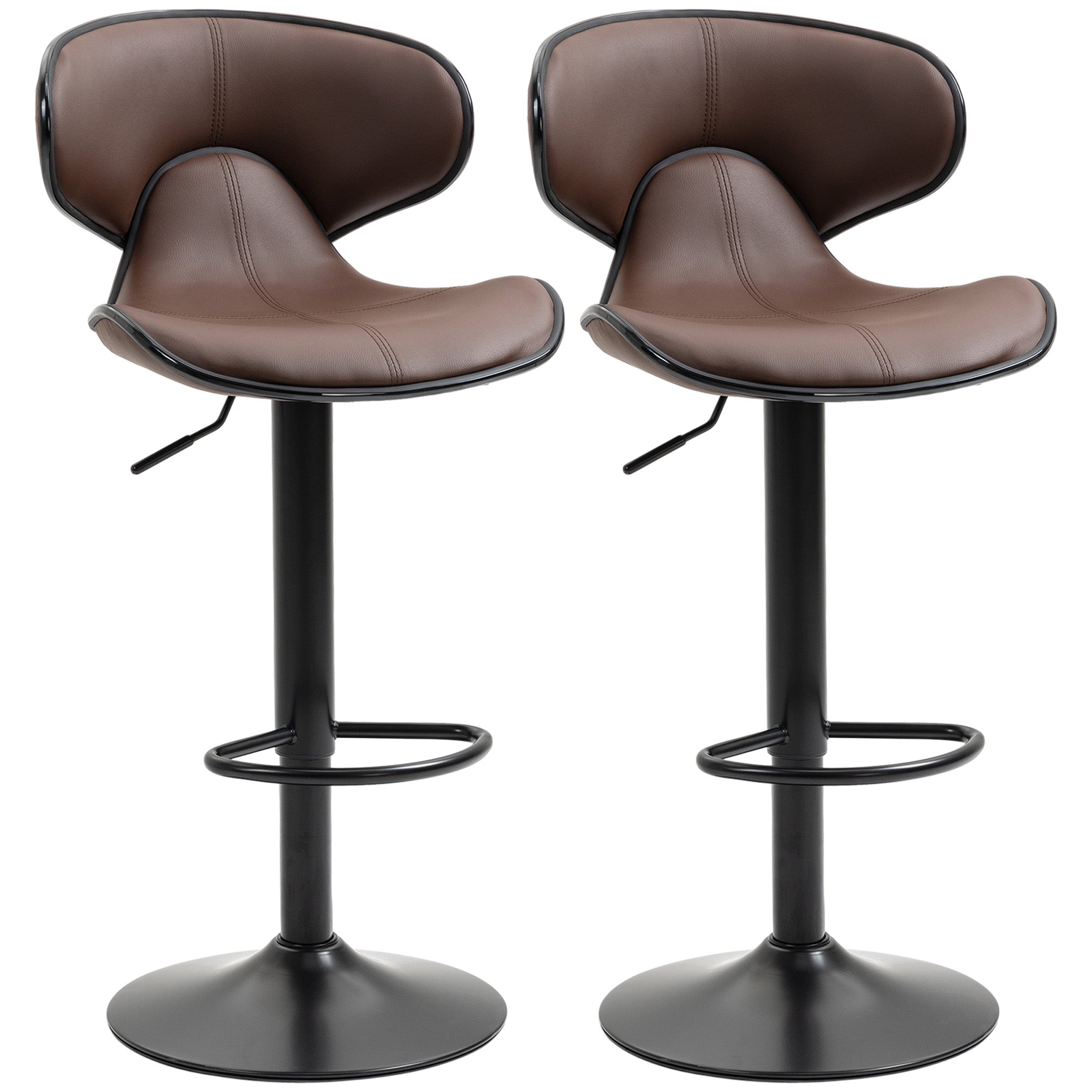 HOMCOM Adjustable Swivel Bar Stools Set of 2, Barstools with Footrest and Backrest, Steel Frame Gas Lift, for Kitchen Counter Dining Room, Brown - North Peak Garden Furniture