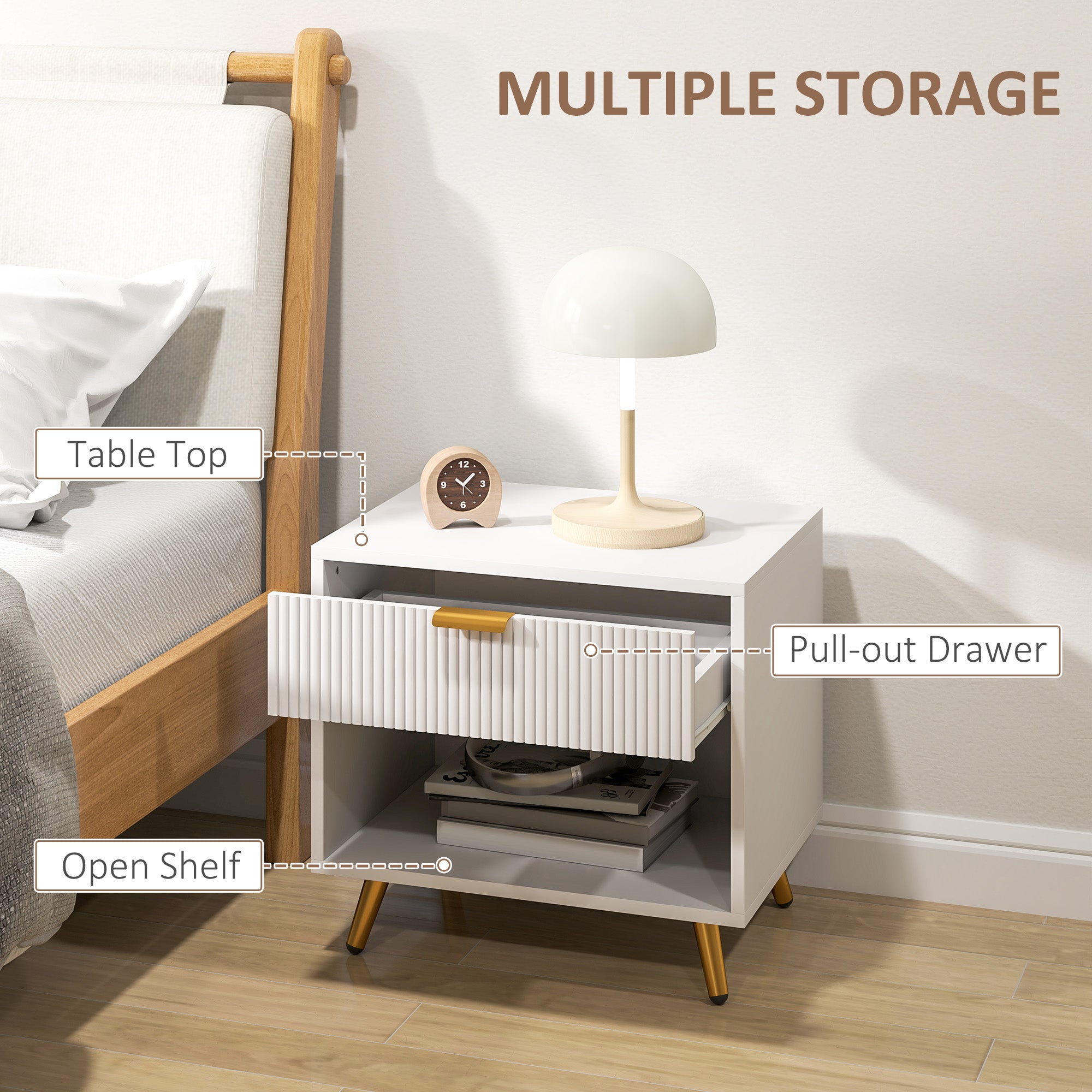 HOMCOM Elegant Bedside Table, with Drawer and Shelf - White/Gold Tone - North Peak Garden Furniture