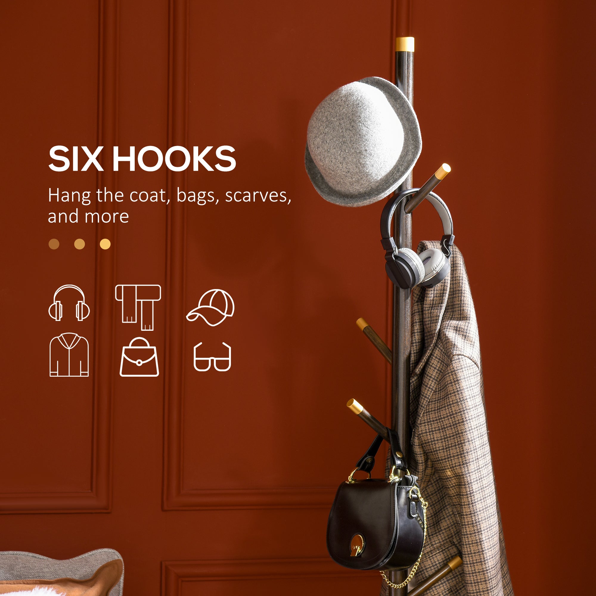 HOMCOM Vintage Coat Rack Stand Freestanding Hall Tree with 6 Hooks Bamboo Frame for Entryway Hallway Bedroom Walnut - North Peak Garden Furniture