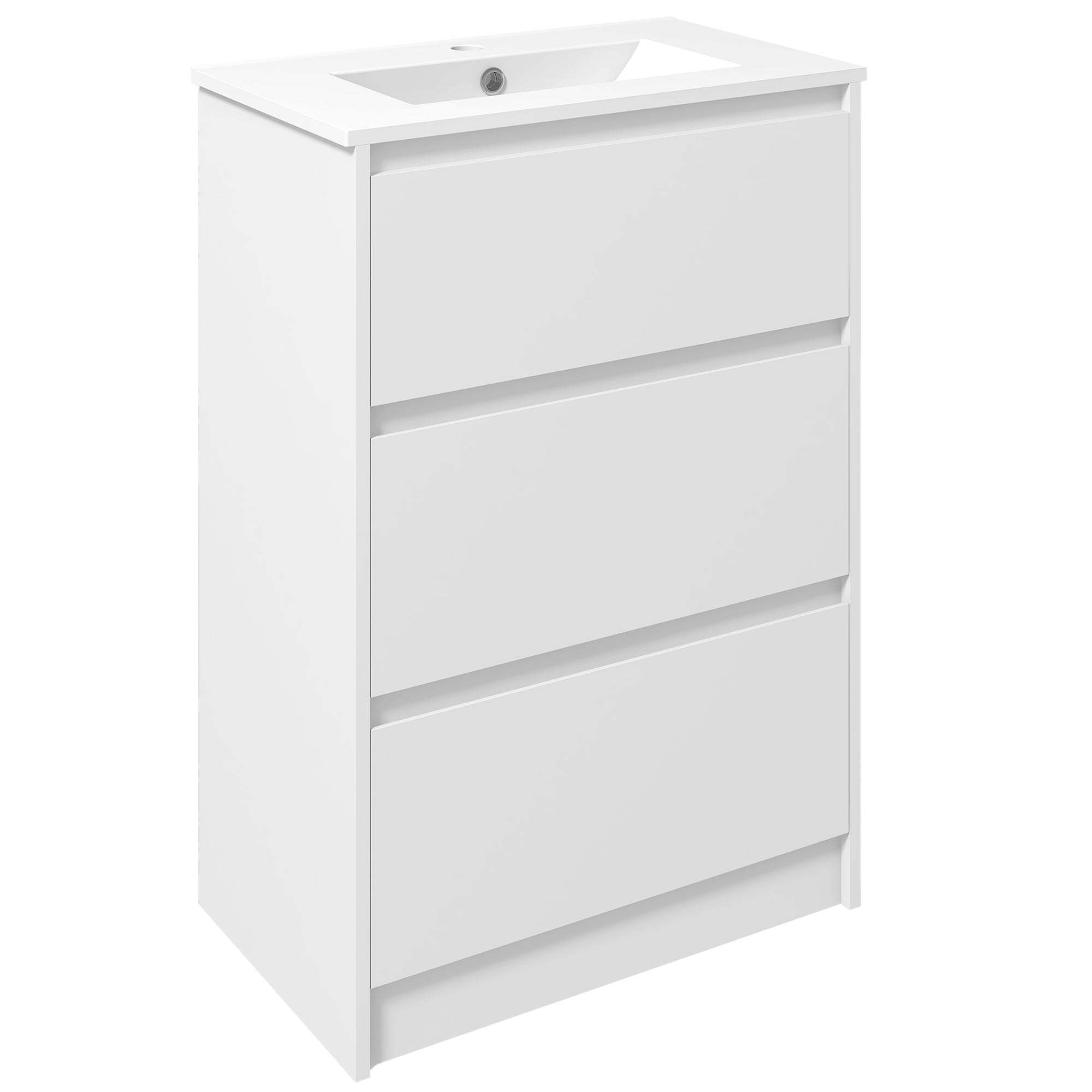 kleankin 600mm Bathroom Vanity Unit with Basin and Single Tap Hole, High Gloss White Floor Standing Bathroom Sink Unit with 2 Drawers - North Peak Garden Furniture