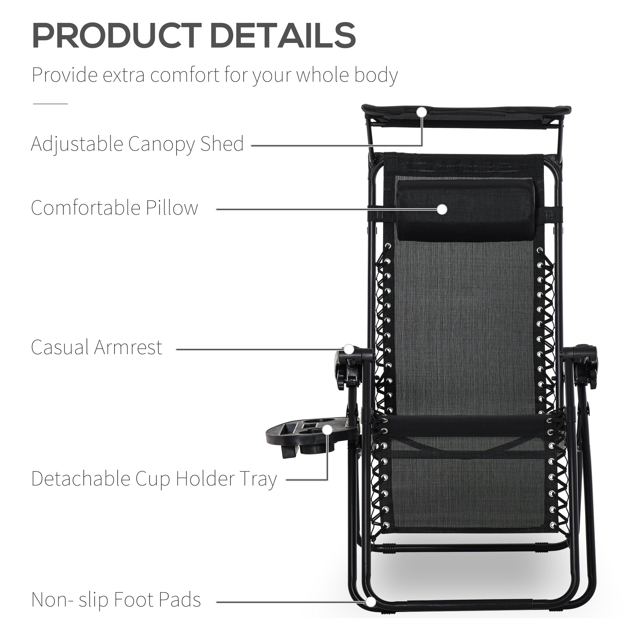 Outsunny 2 Piece Foldable Reclining Garden Chair with Headrest, Zero Gravity Deck Sun Lounger Seat Chair with Footrest, Armrest, Cup Holder & Canopy Shade, Black - North Peak Garden Furniture