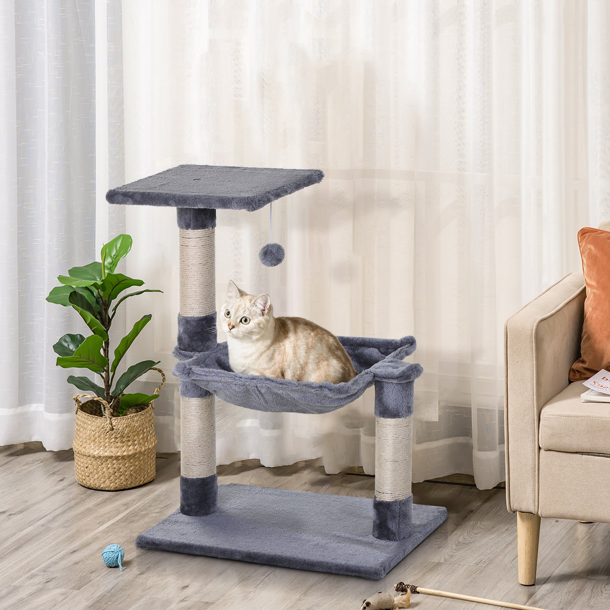PawHut Cat Scratch Post with Bed Cat Tree for Indoor Cats Sisal Scratching Posts Hammock Kitty Activity Centre Grey - North Peak Garden Furniture