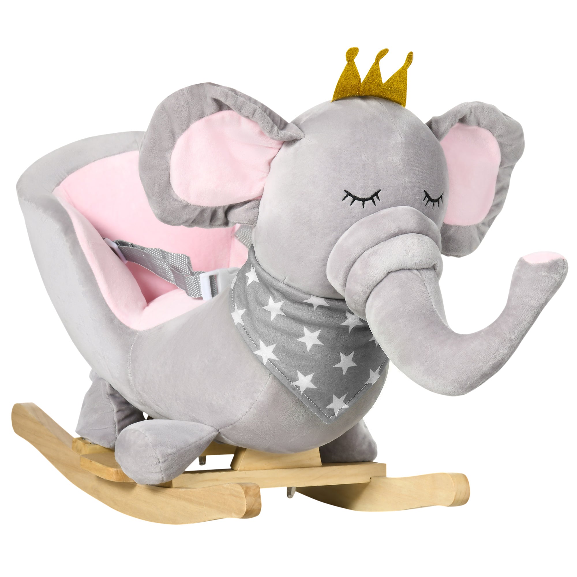 HOMCOM Kids Elephant-Designed Rocking Horse, with Safety Belt, Wooden Base, for Ages 18-36 Months - Grey