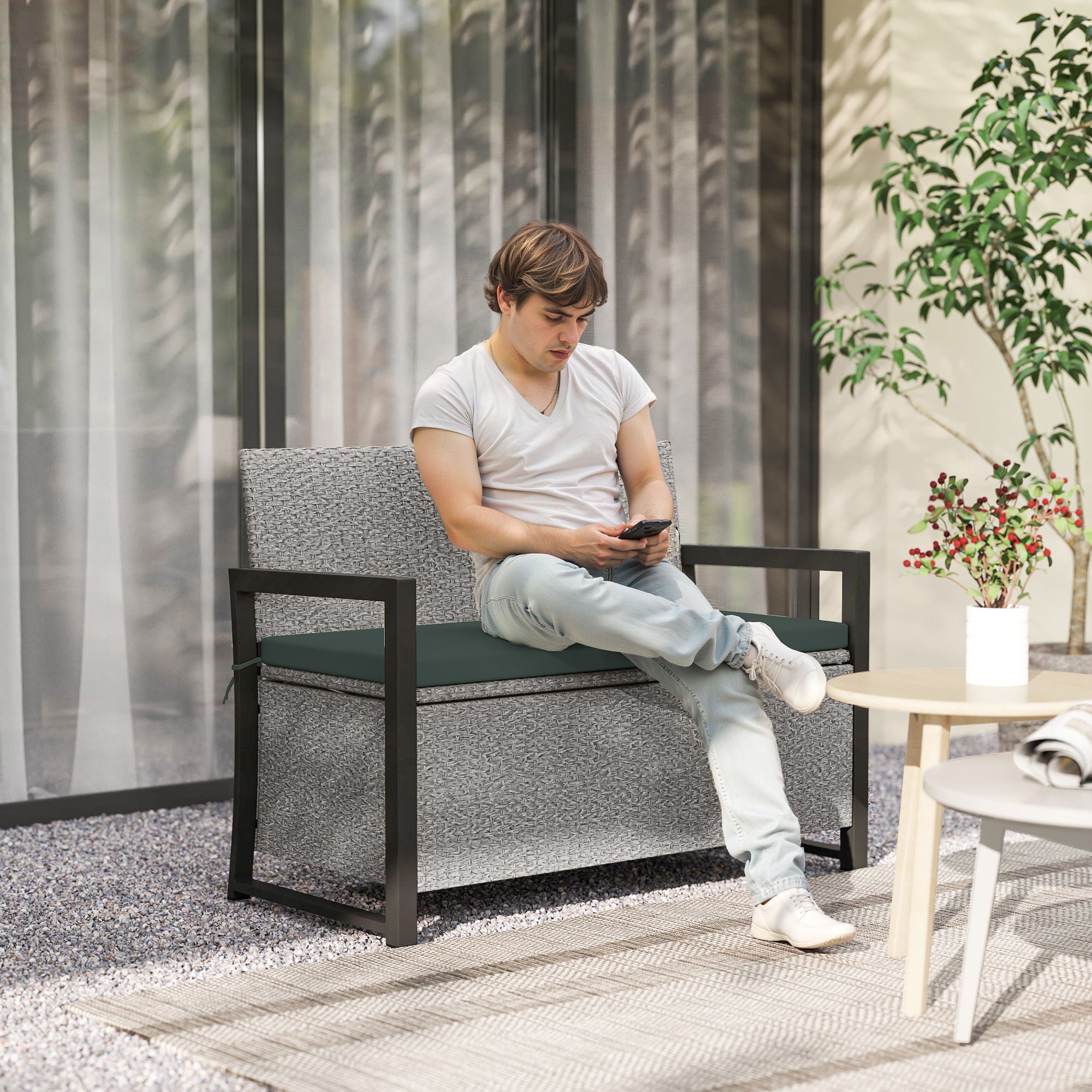 Outsunny 151.5L Storage Garden Bench, with Cushion - Grey - North Peak Garden Furniture