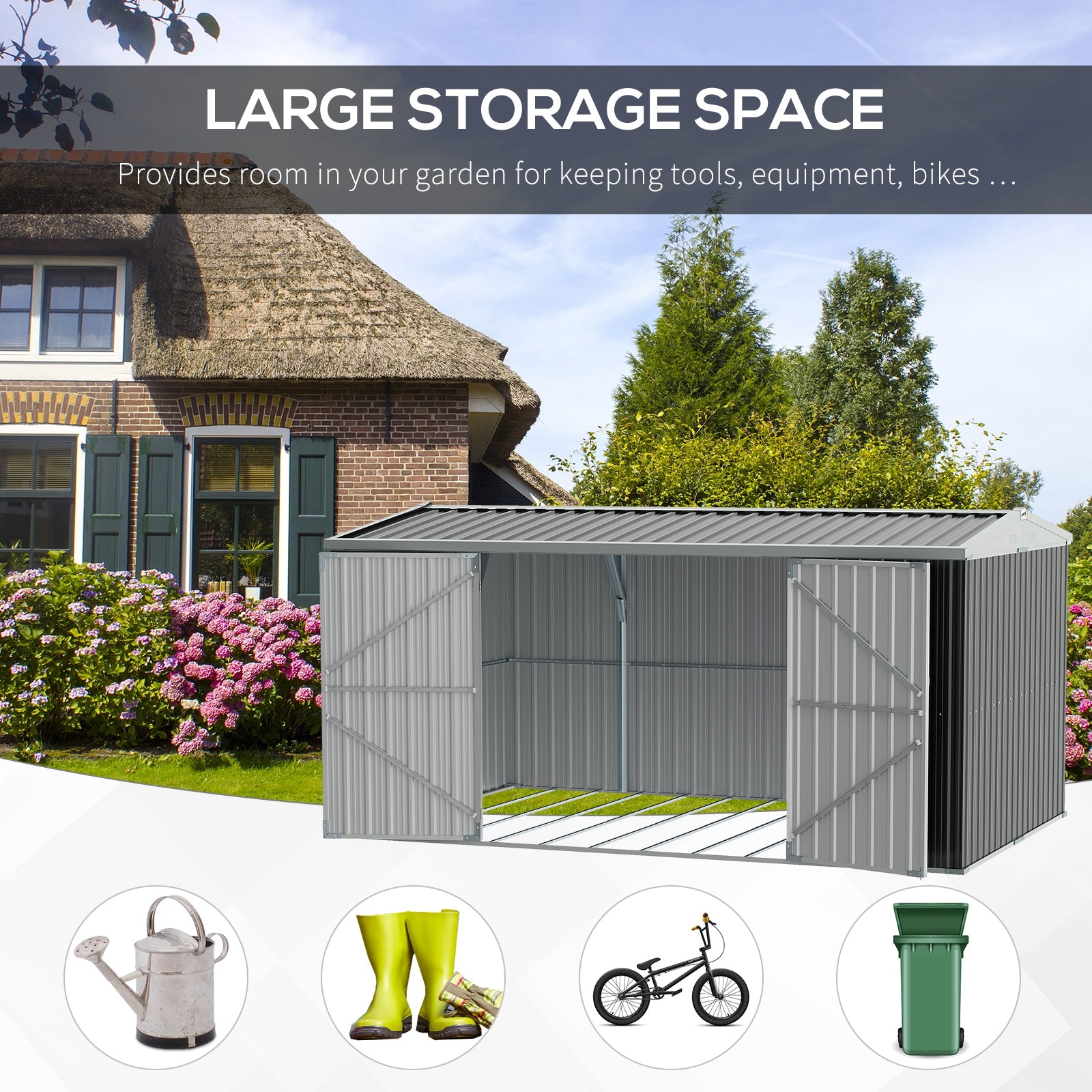 Outsunny 14 x 8ft Outdoor Garden Metal Storage Shed with Lockable Door, Tool Storage Box for Garden, Patio and Lawn, Grey - North Peak Garden Furniture