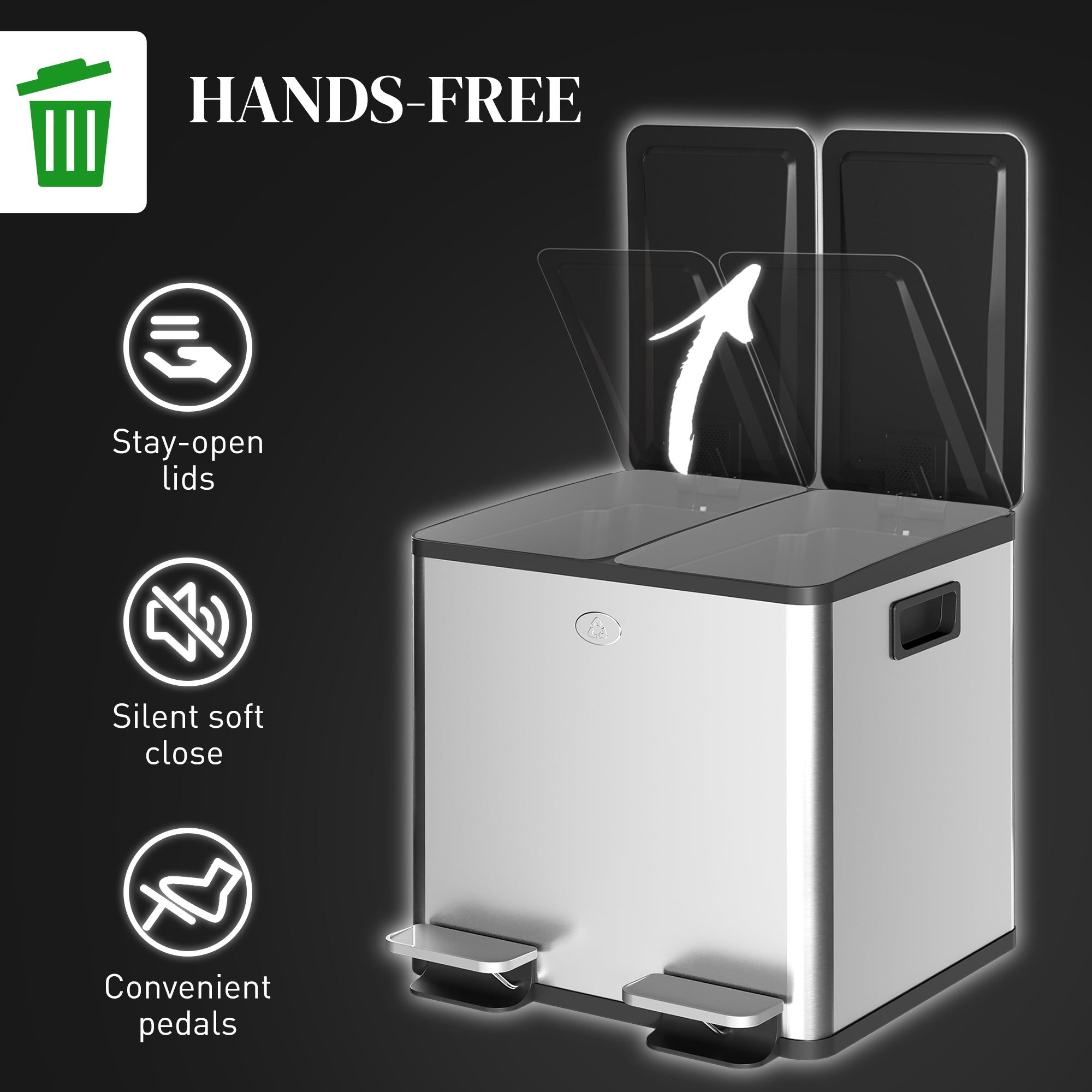 HOMCOM 30L Dual Compartment Stainless Steel Bin, with Deodoriser Holders - Silver Tone